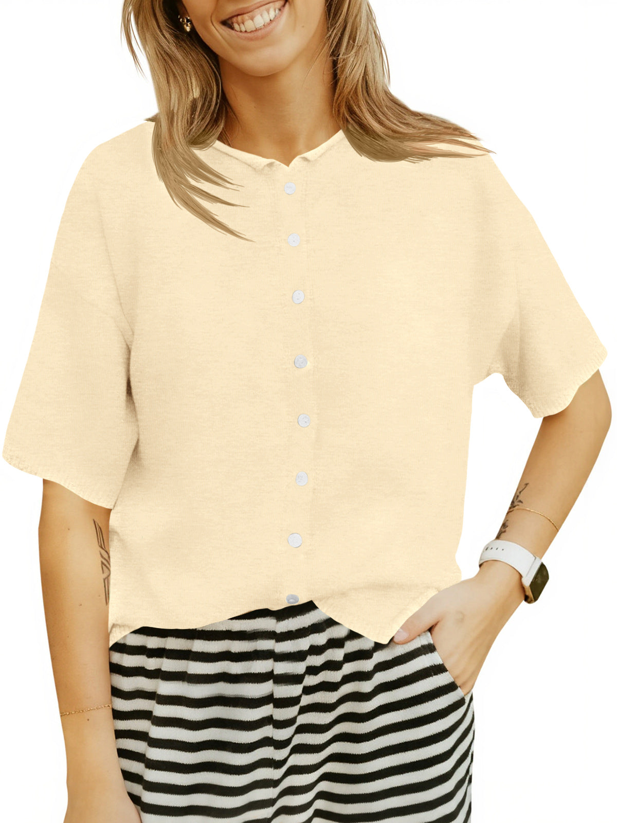 Saodimallsu Womens Crew Neck Button Cardigan