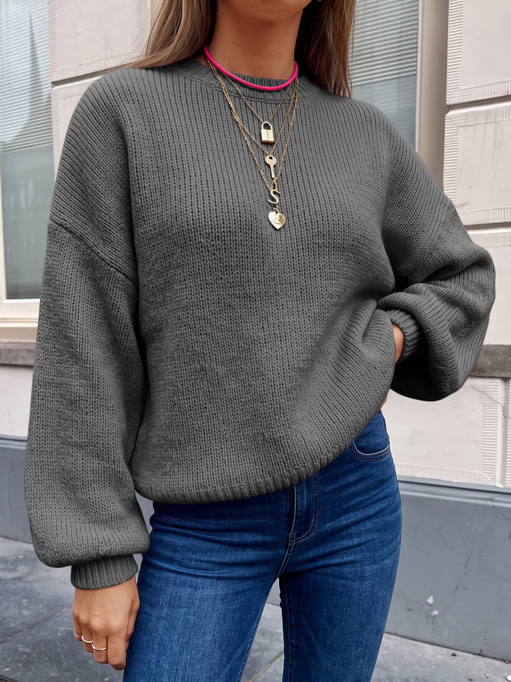 Saodimallsu Womens Crew Neck Slouchy Knit Pullover