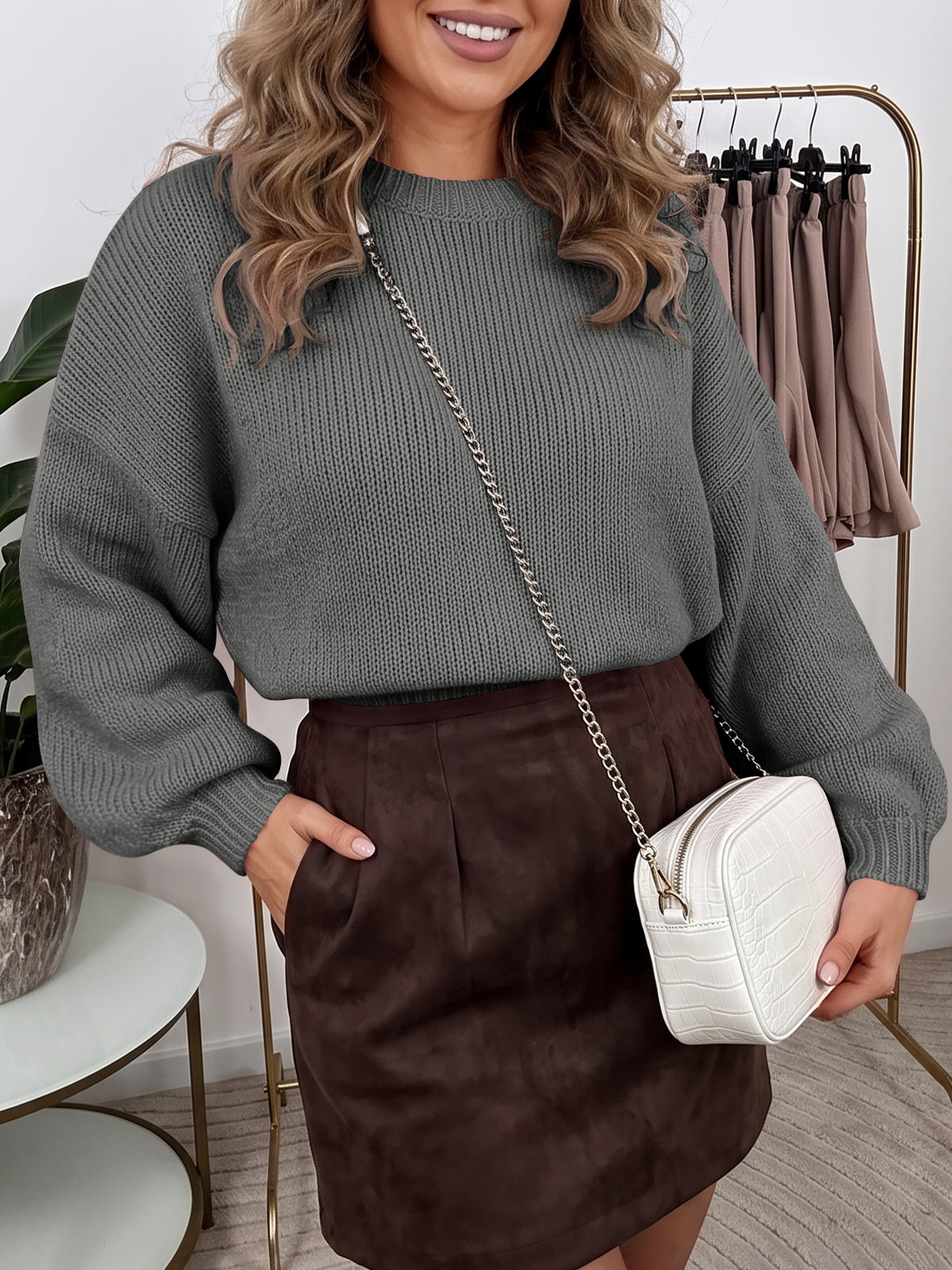 Saodimallsu Womens Crew Neck Slouchy Knit Pullover