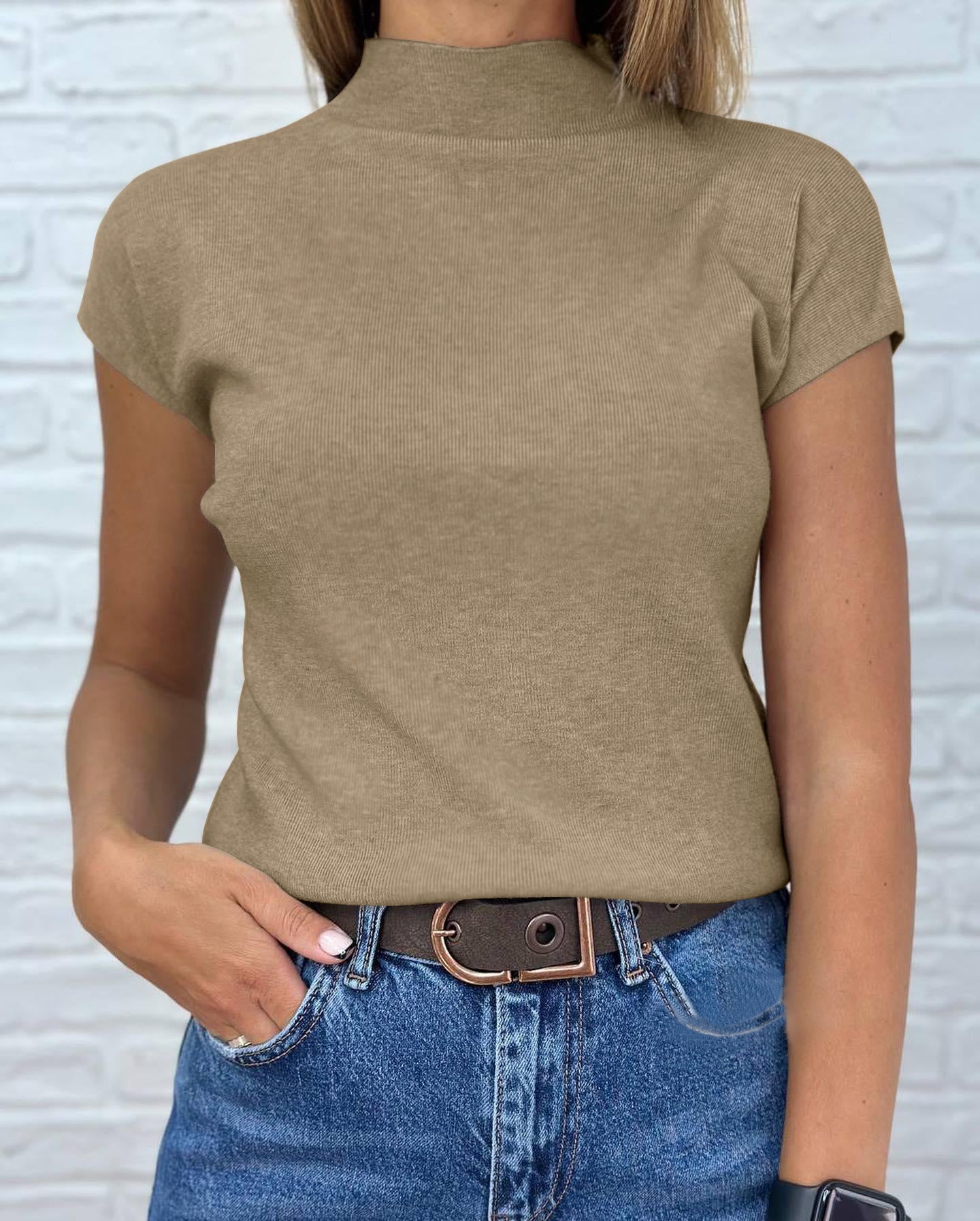 Saodimallsu Womens Mock Neck Short Sleeve Sweater