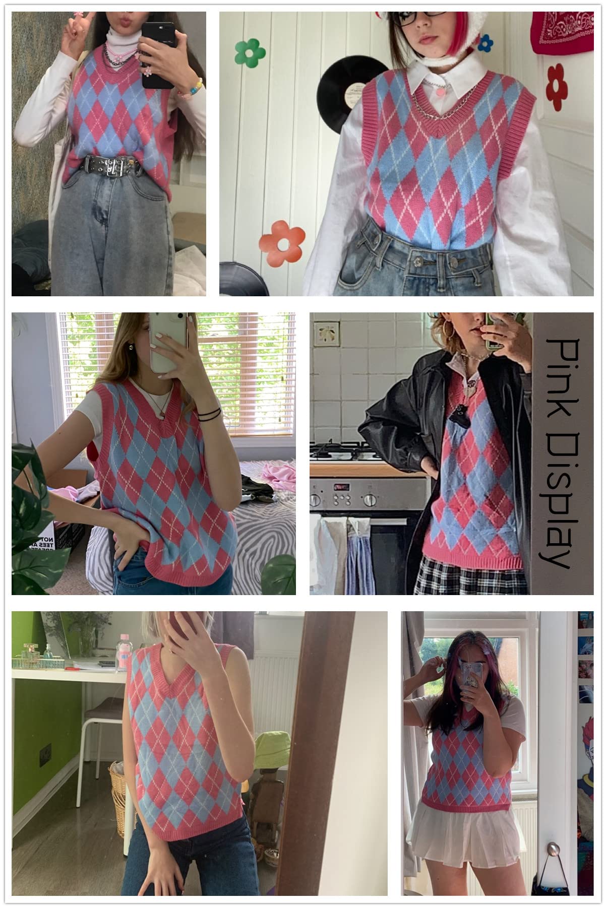 Saodimallsu Womens V Neck Argyle Knit Tops