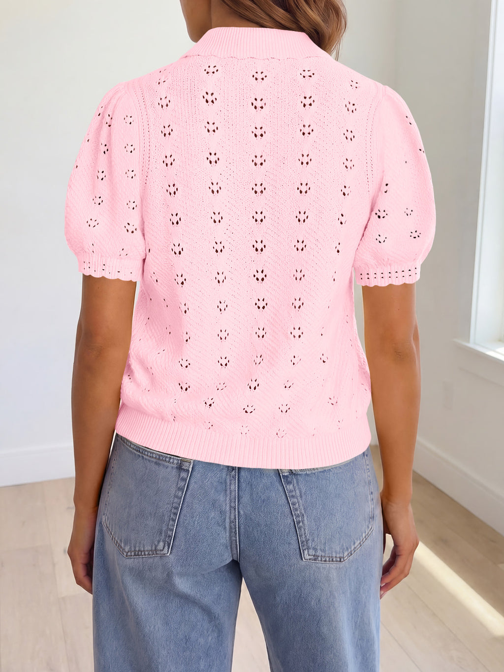 Saodimallsu Women Crochet Puff Sleeve Cardigan