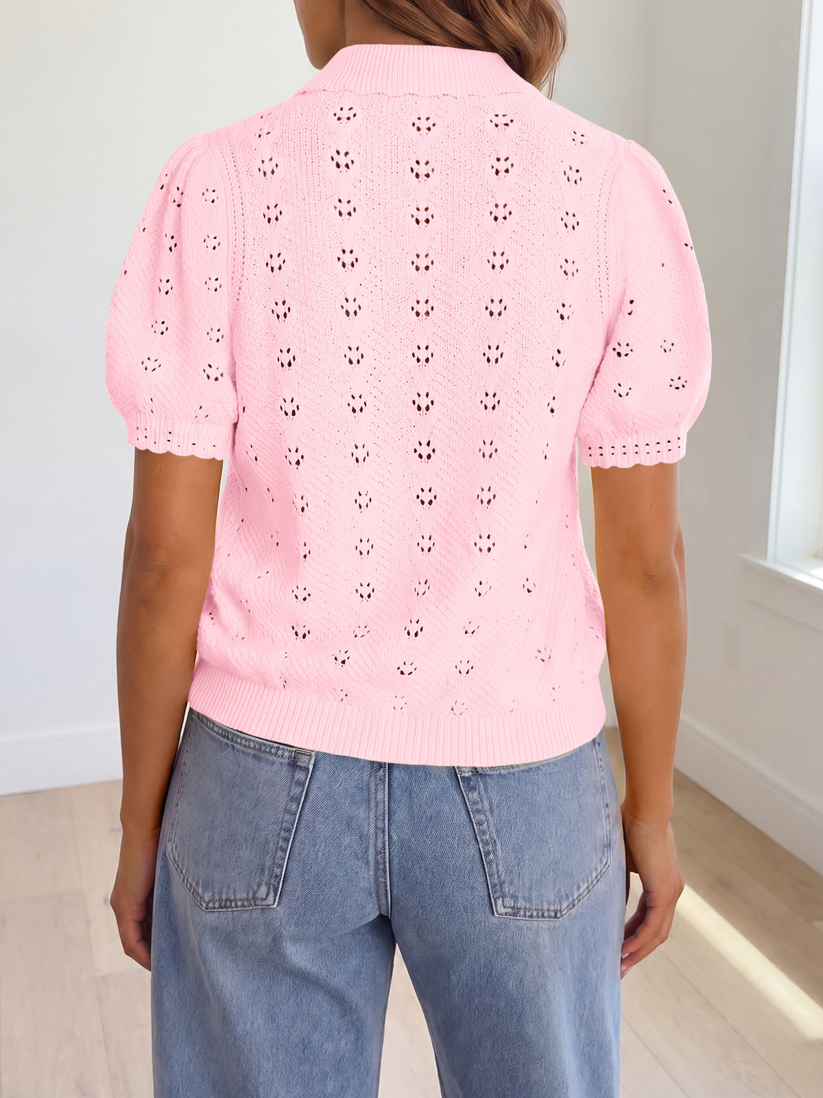Saodimallsu Women Crochet Puff Sleeve Cardigan