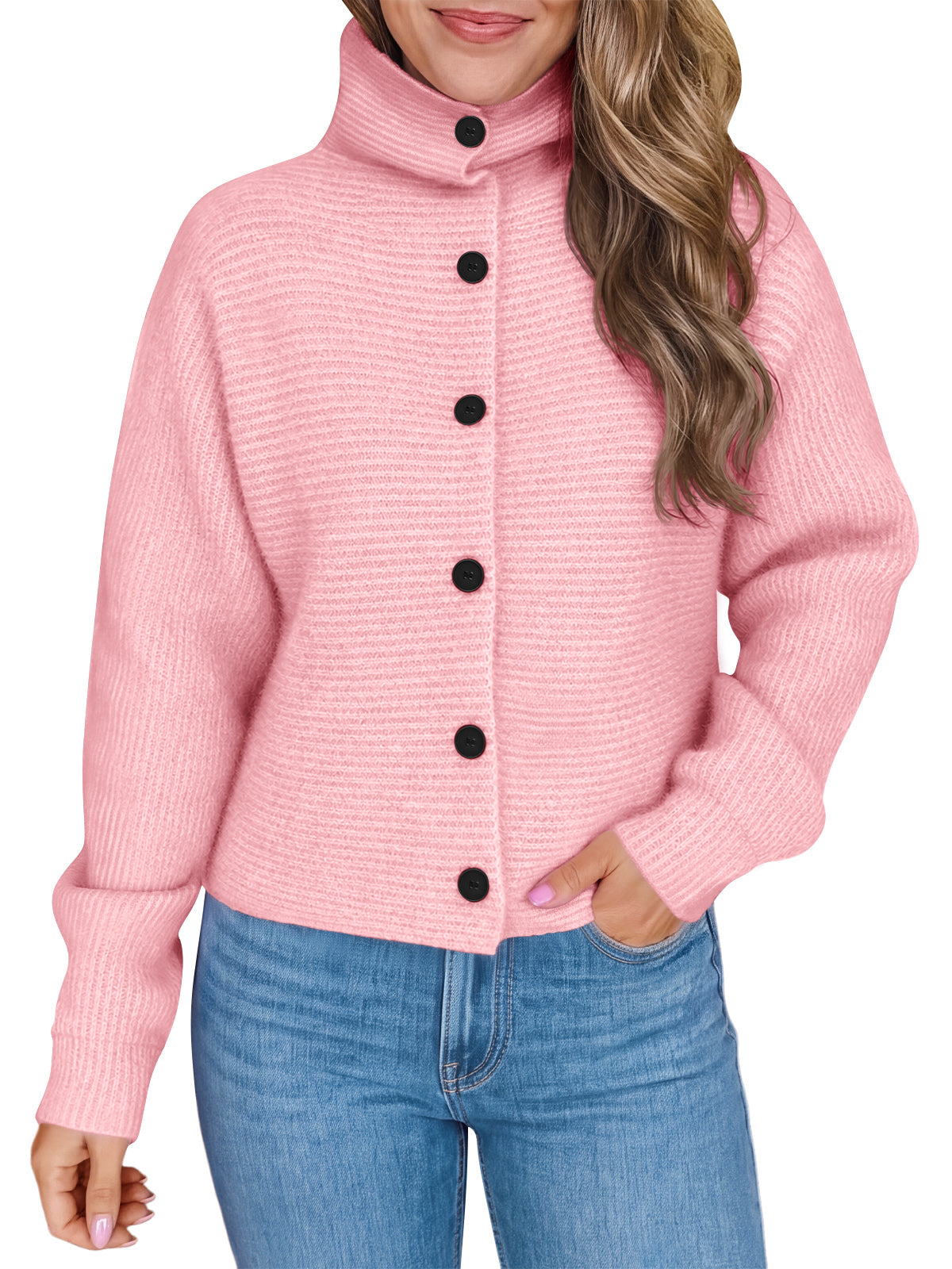 Saodimallsu Womens Mock Neck Button Cardigan