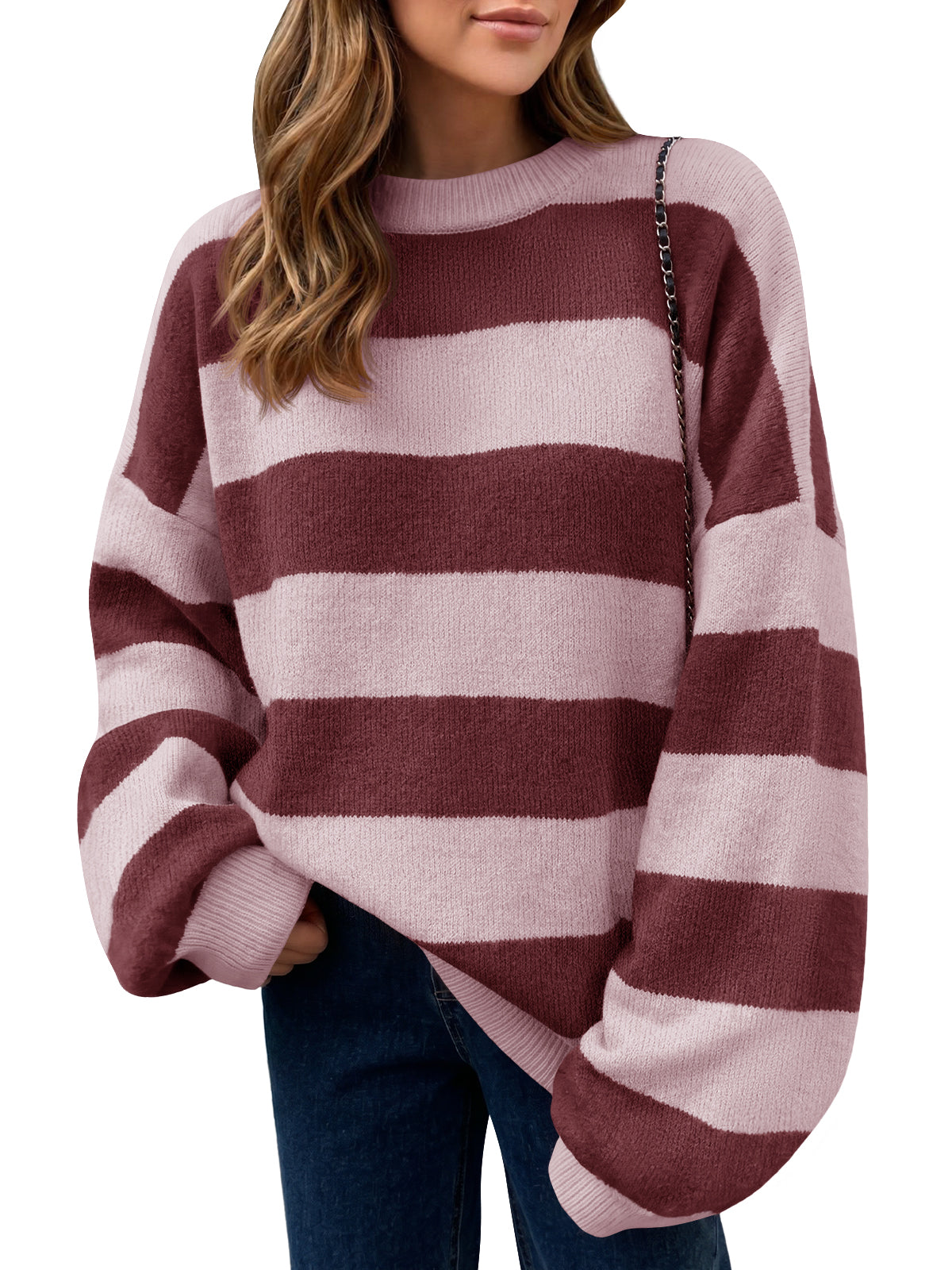 Saodimallsu Womens Oversized Striped Knit Block Sweaters
