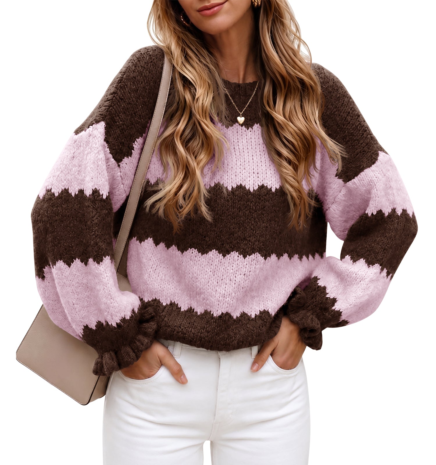 Saodimallsu Womens Striped Color Block Ruffle Sweaters