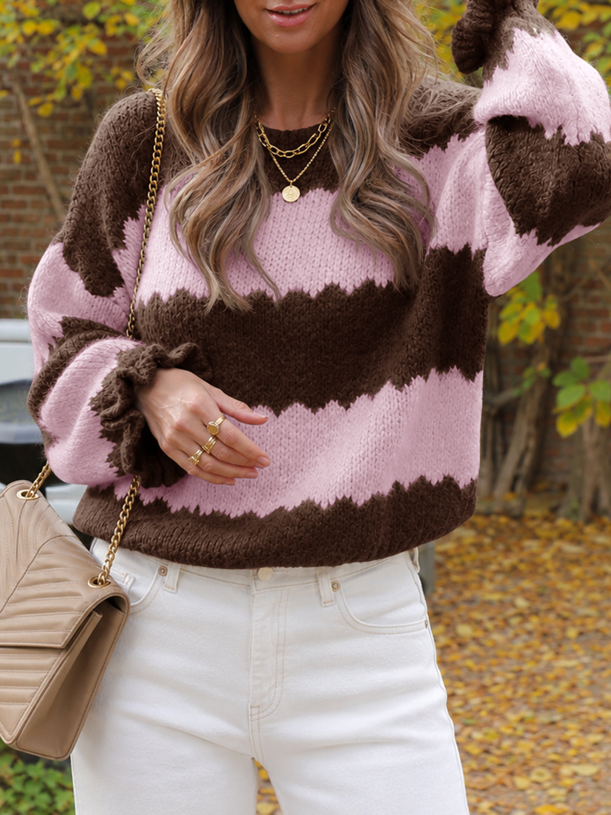 Saodimallsu Womens Striped Color Block Ruffle Sweaters