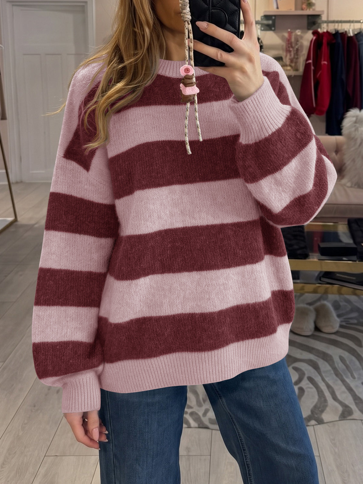 Saodimallsu Womens Oversized Striped Knit Block Sweaters