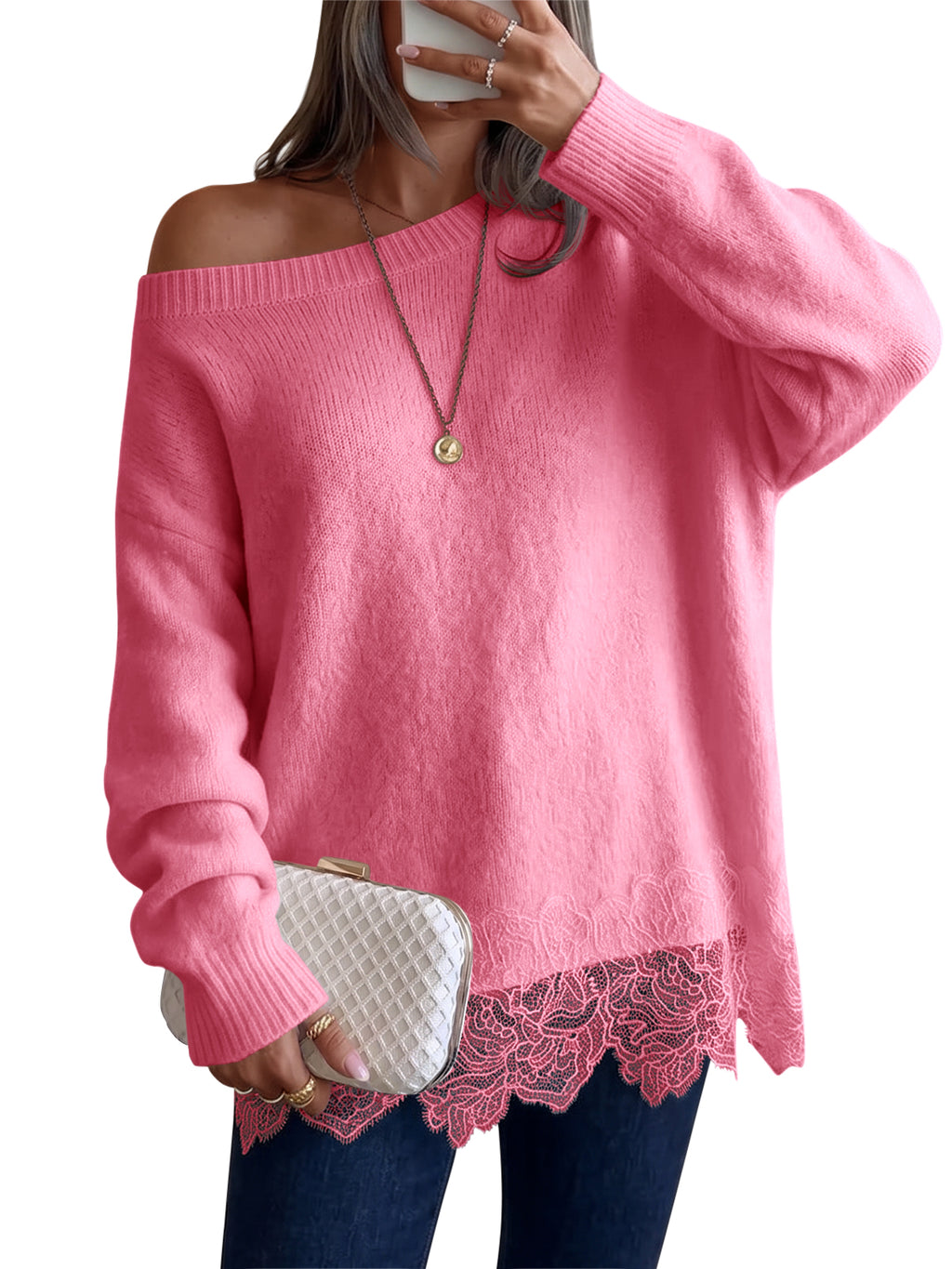 Saodimallsu Women Lace Patchwork Sweater