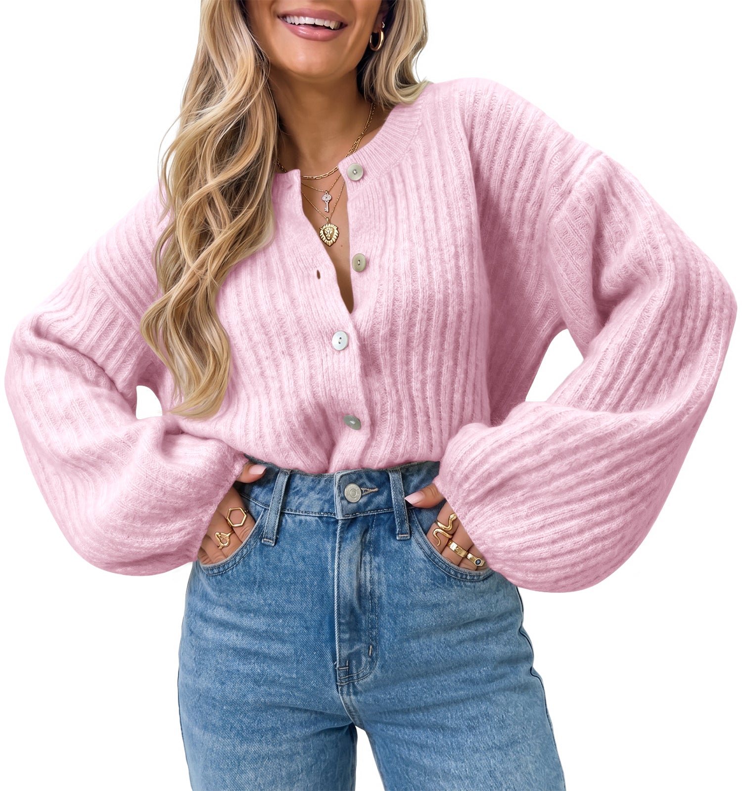 Saodimallsu Womens Lantern Sleeve Button Down Cardigan