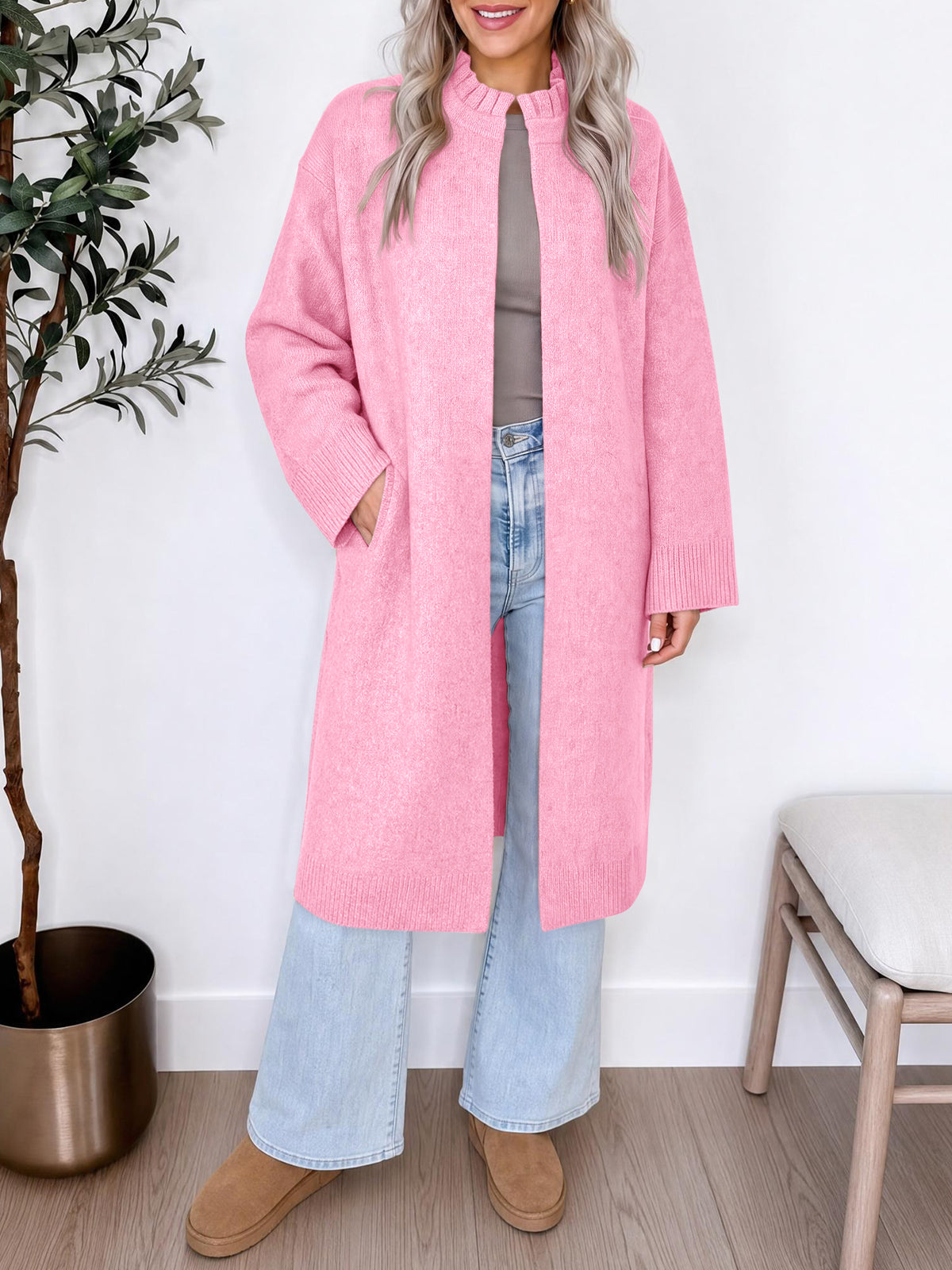 Saodimallsu Womens Ruffle Mock Neck Long Cardigan