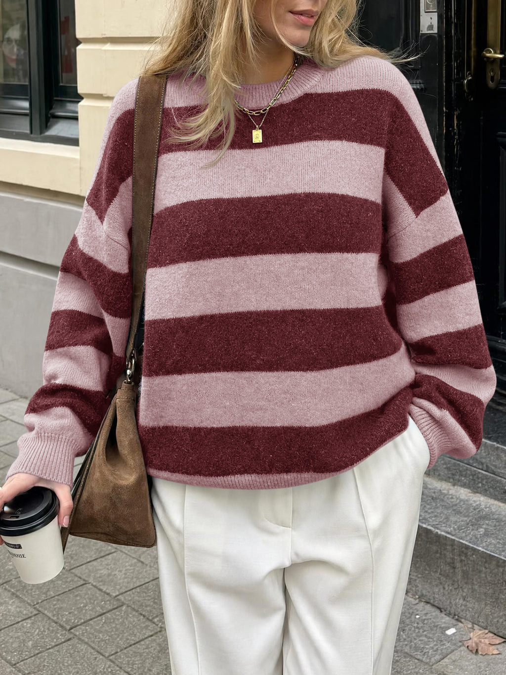 Saodimallsu Womens Oversized Striped Knit Block Sweaters