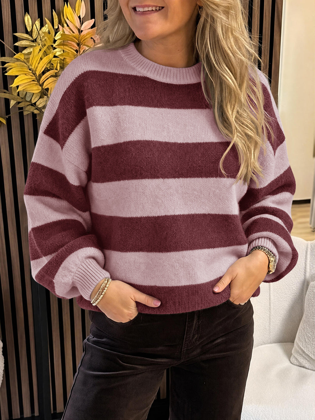 Saodimallsu Womens Oversized Striped Knit Block Sweaters