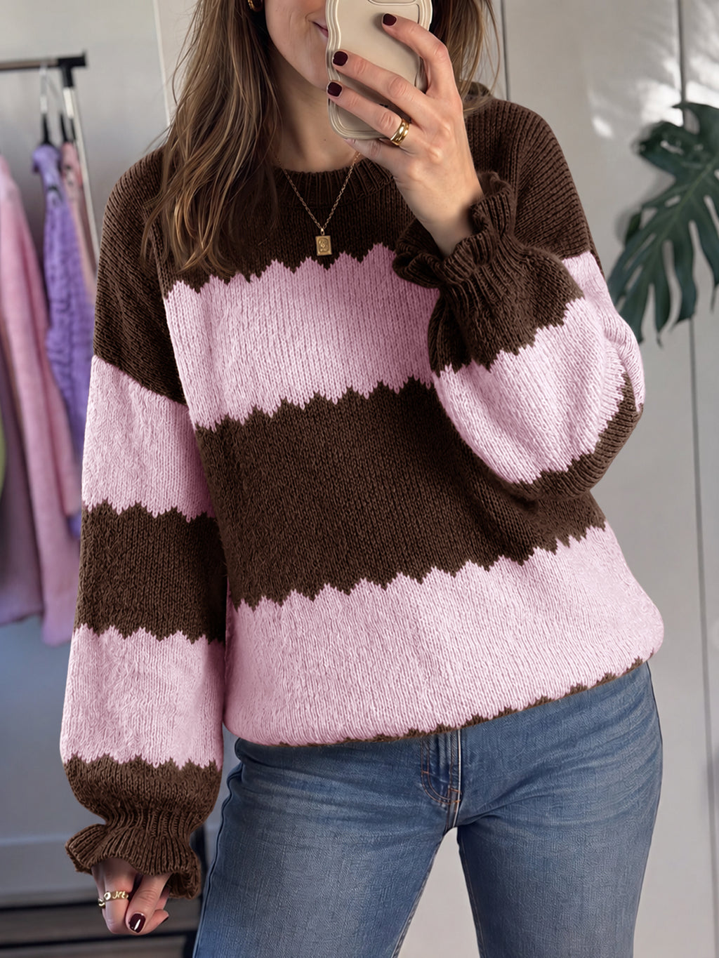 Saodimallsu Womens Striped Color Block Ruffle Sweaters