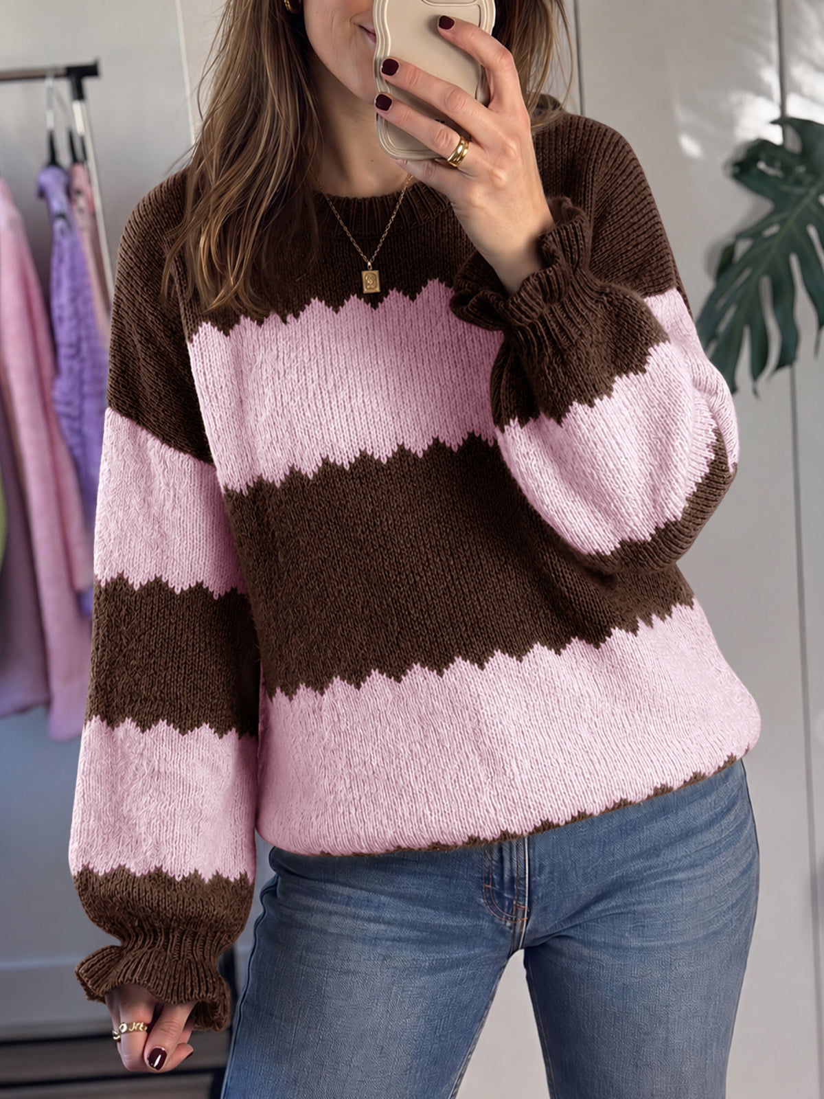 Saodimallsu Womens Striped Color Block Ruffle Sweaters