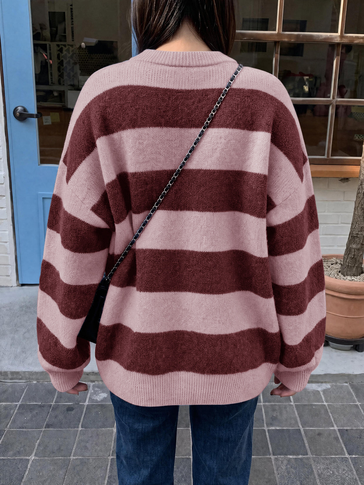 Saodimallsu Womens Oversized Striped Knit Block Sweaters