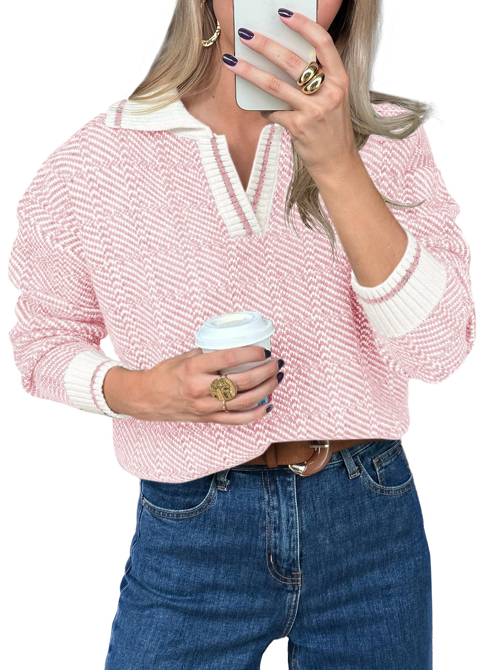 Saodimallsu Womens Fall Lapel V Neck Knit Sweaters