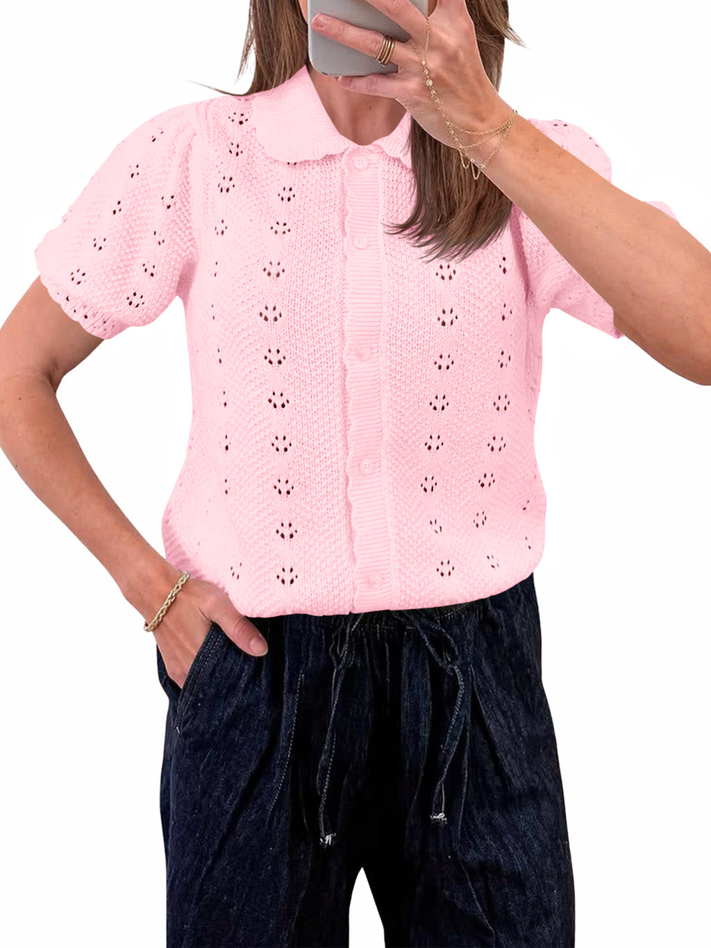 Saodimallsu Women Crochet Puff Sleeve Cardigan