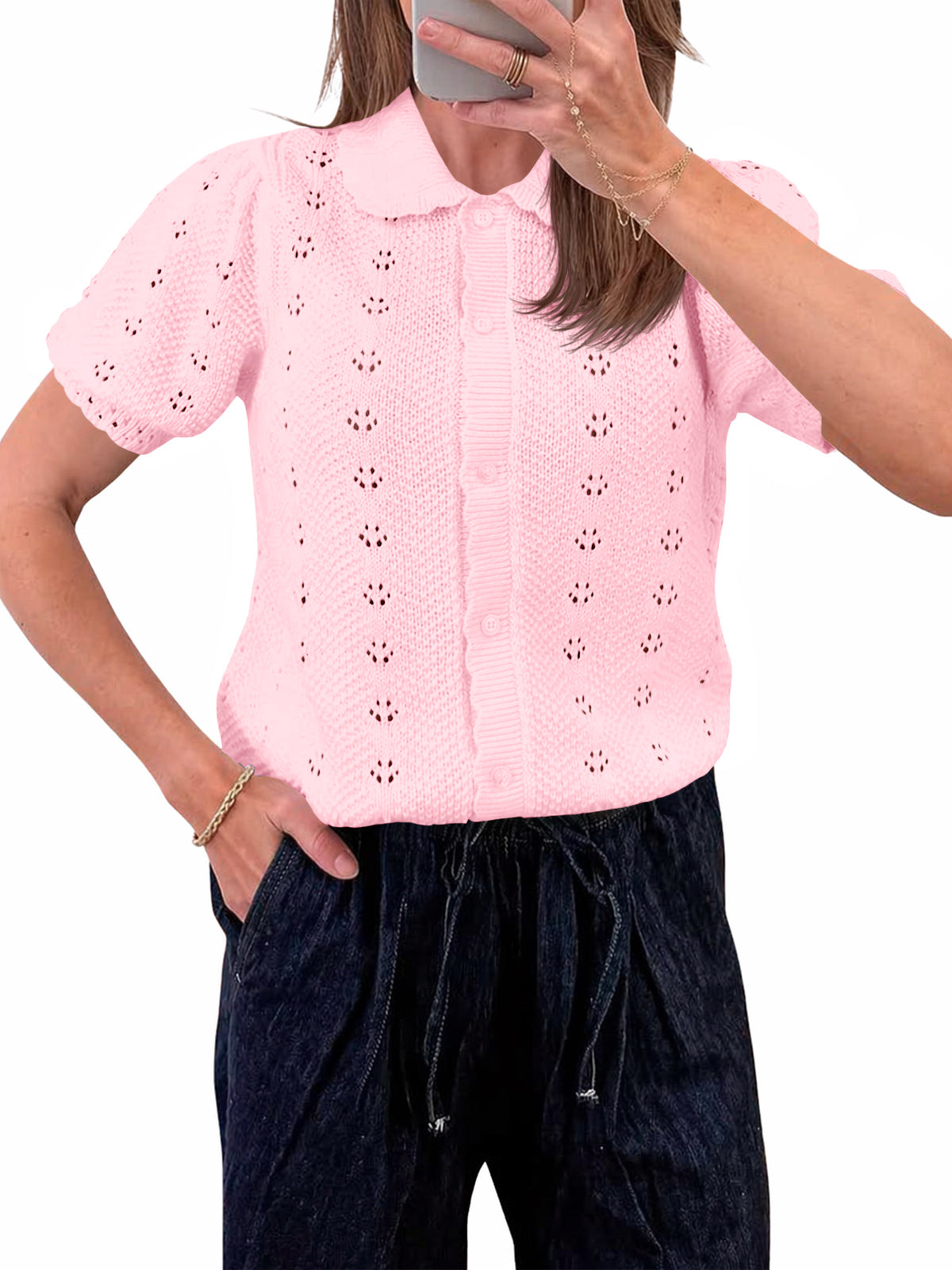 Saodimallsu Women Crochet Puff Sleeve Cardigan