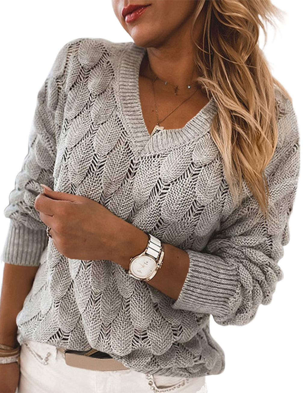 Saodimallsu Womens Crochet V Neck Blouses Sweater
