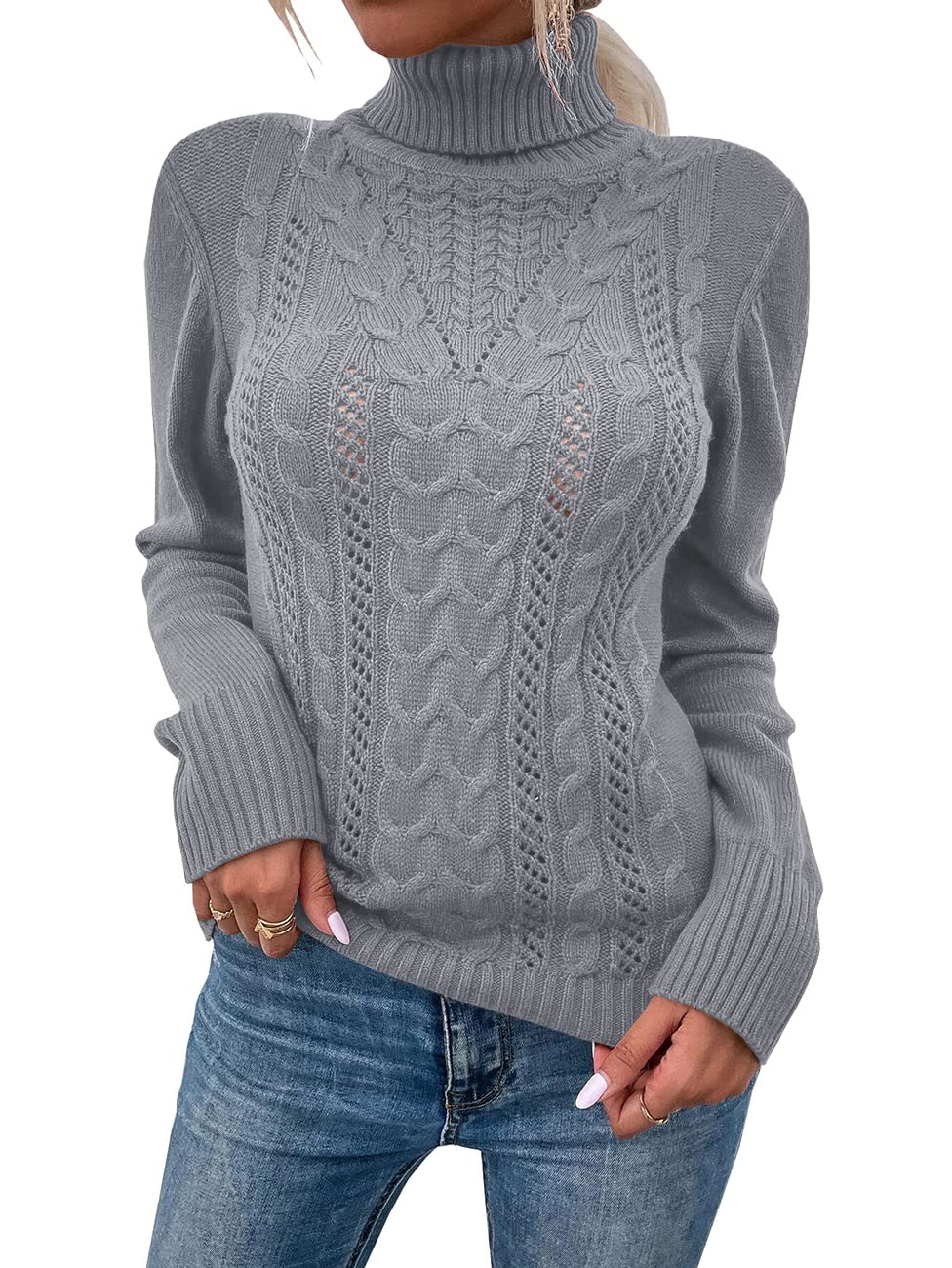 Saodimallsu Women Turtleneck Cable Knit Sweater
