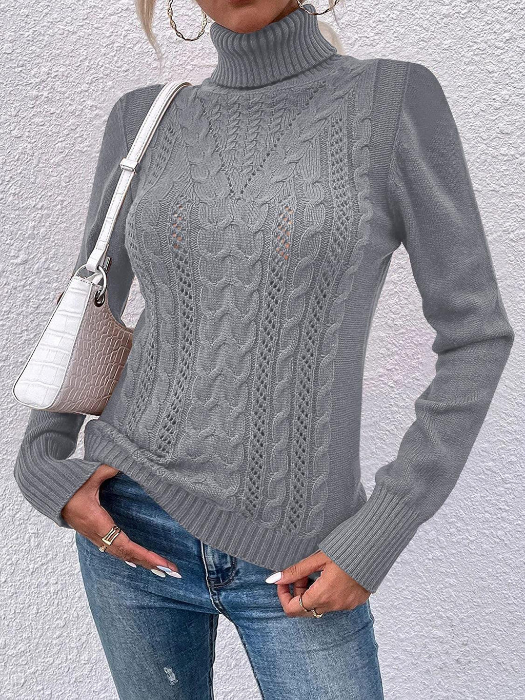 Saodimallsu Women Turtleneck Cable Knit Sweater