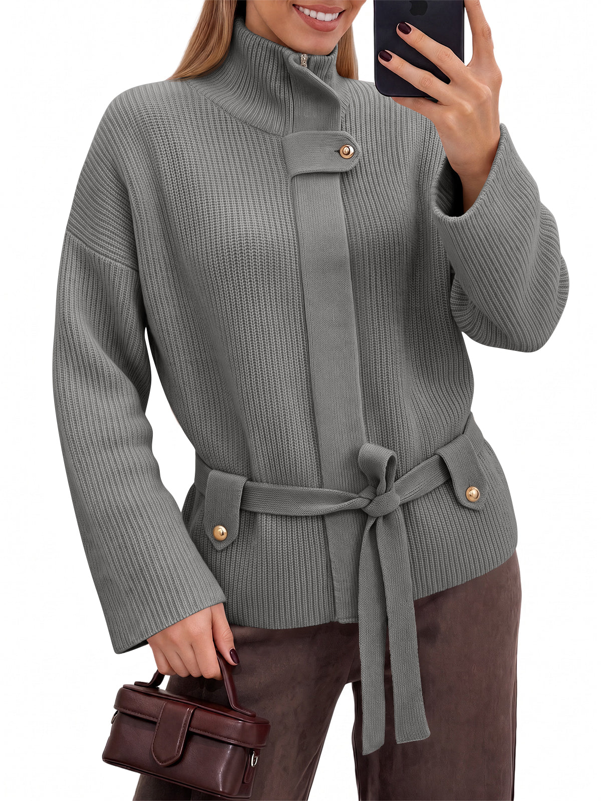 Saodimallsu Womens Zip Up Stand Collar Sweater