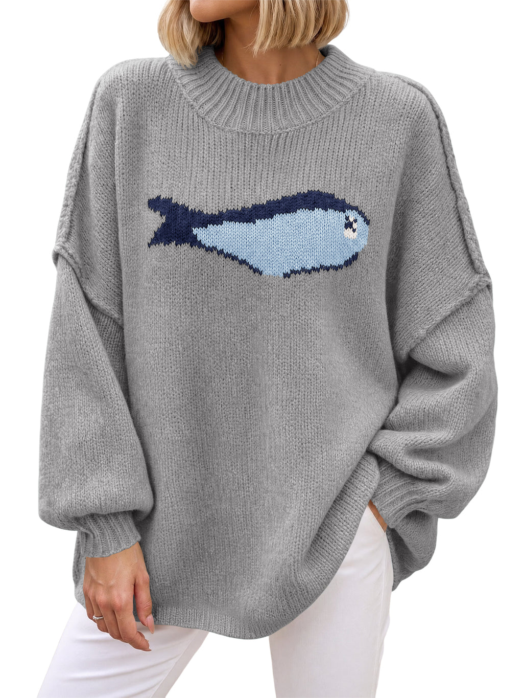 Saodimallsu Womens Fish Graphic Oversized Sweater