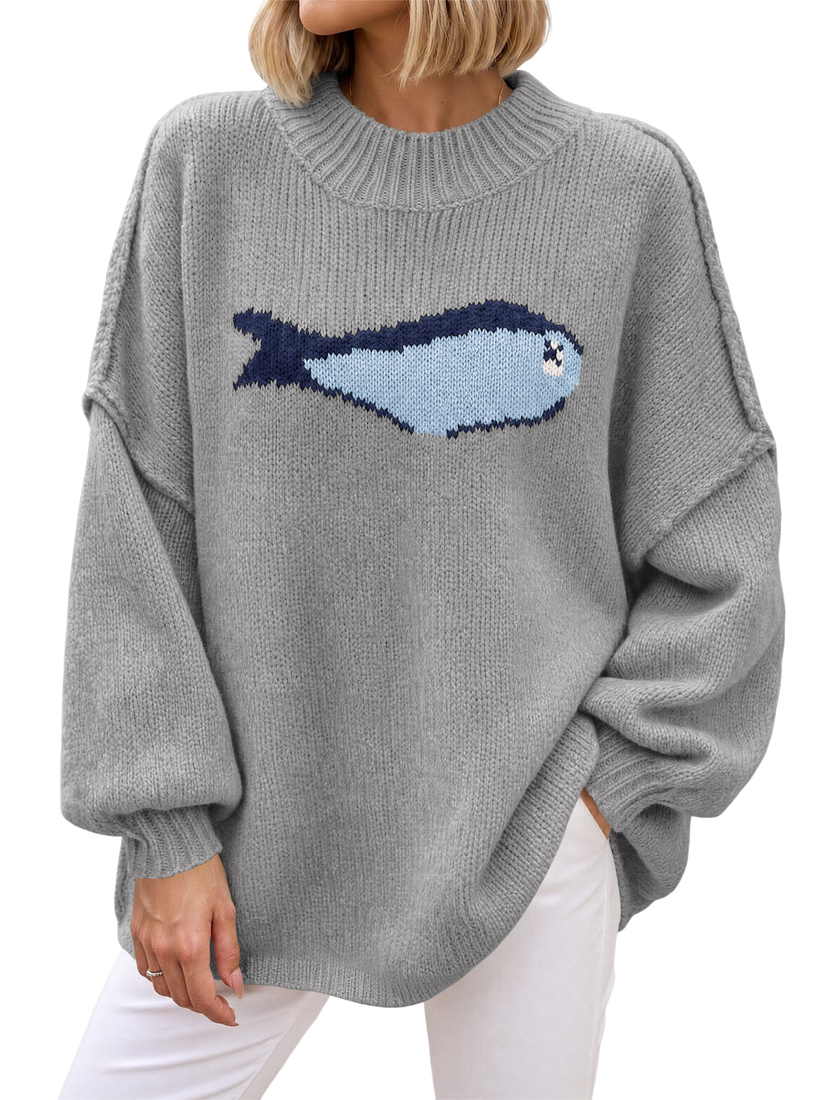 Saodimallsu Womens Fish Graphic Oversized Sweater