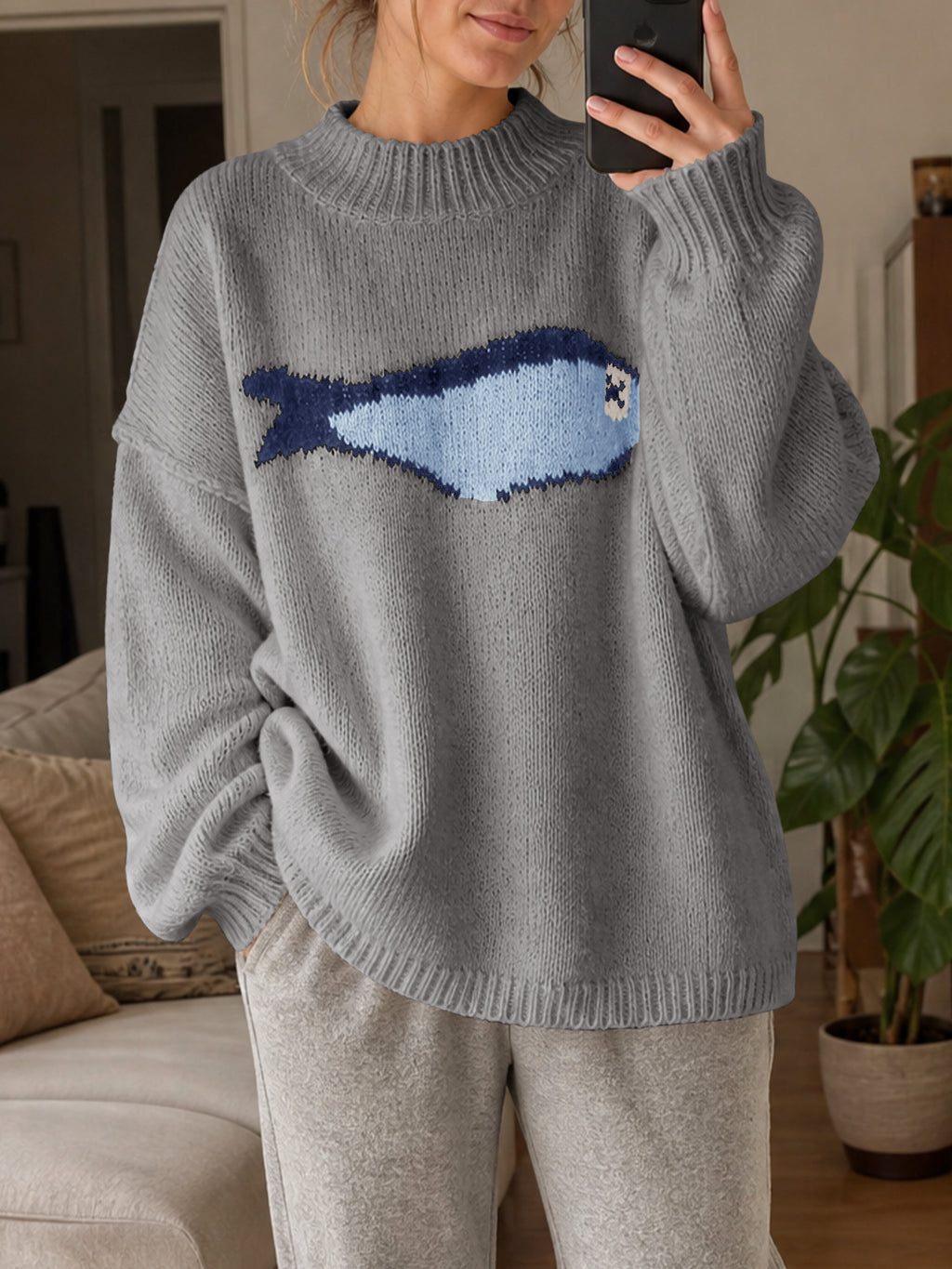 Saodimallsu Womens Fish Graphic Oversized Sweater