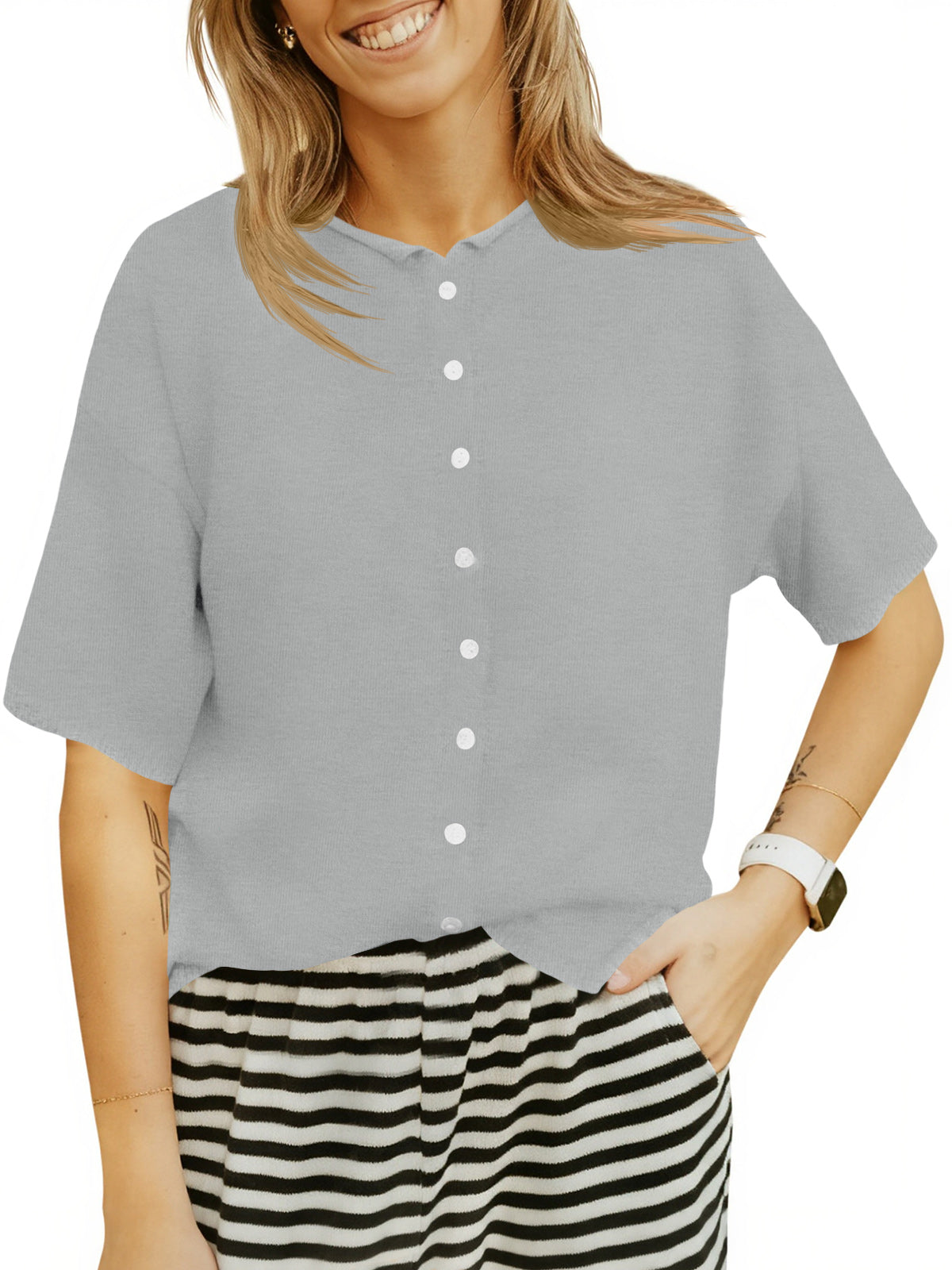 Saodimallsu Womens Crew Neck Button Cardigan