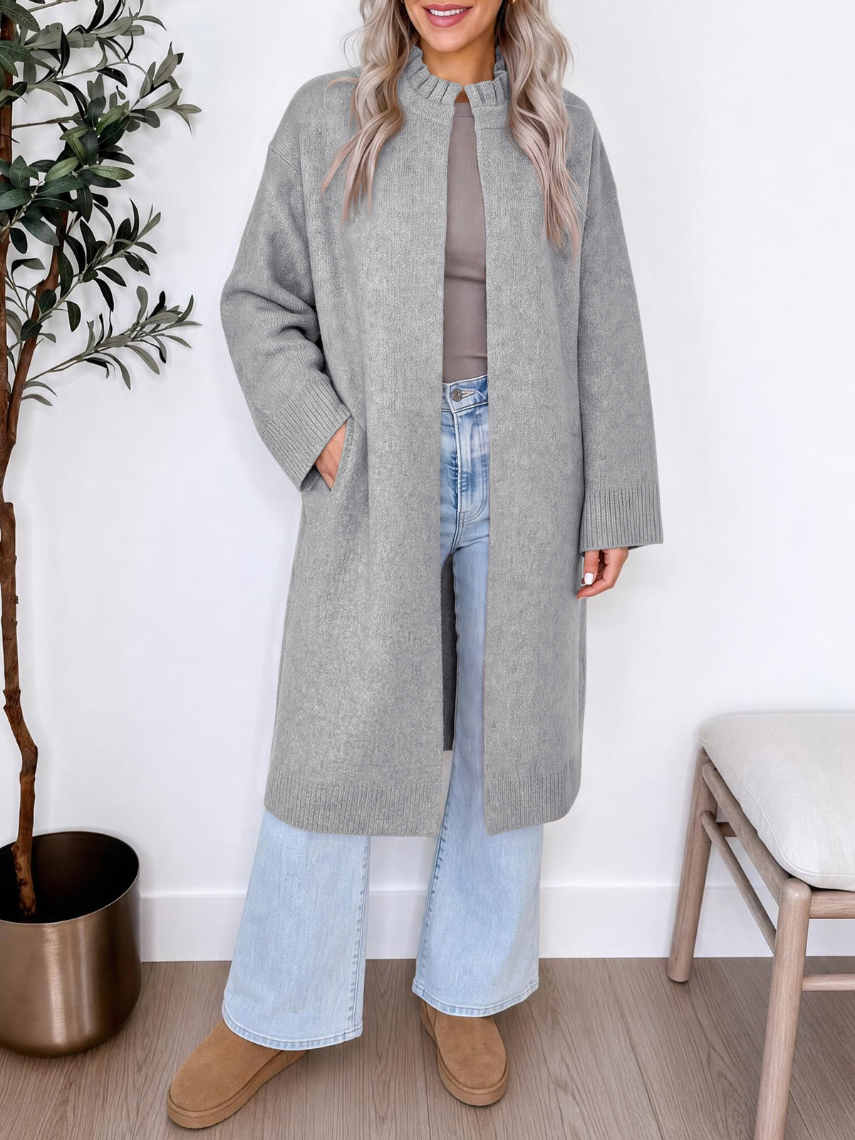 Saodimallsu Womens Ruffle Mock Neck Long Cardigan