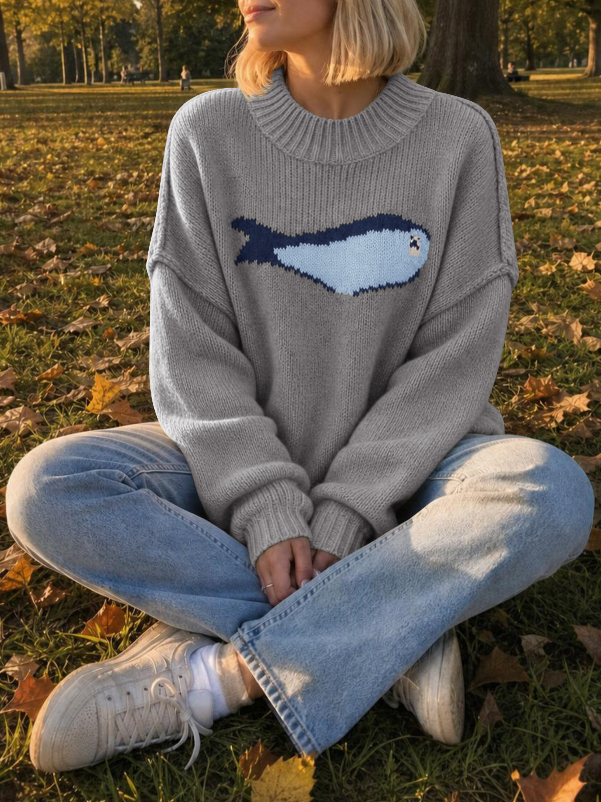 Saodimallsu Womens Fish Graphic Oversized Sweater