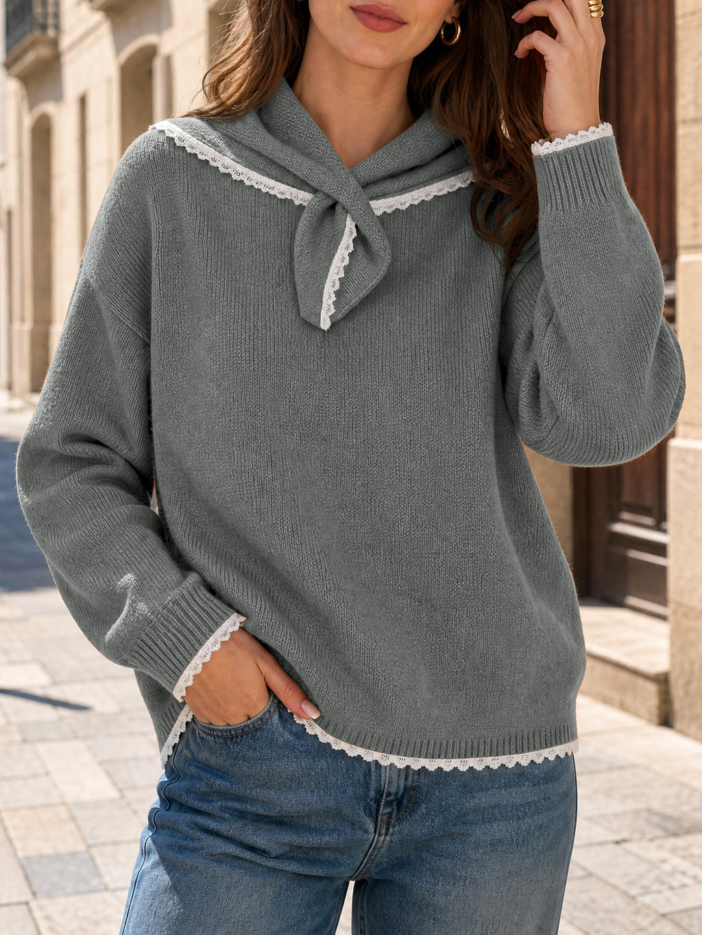 Saodimallsu Womens Scarf Collar Sweater Top