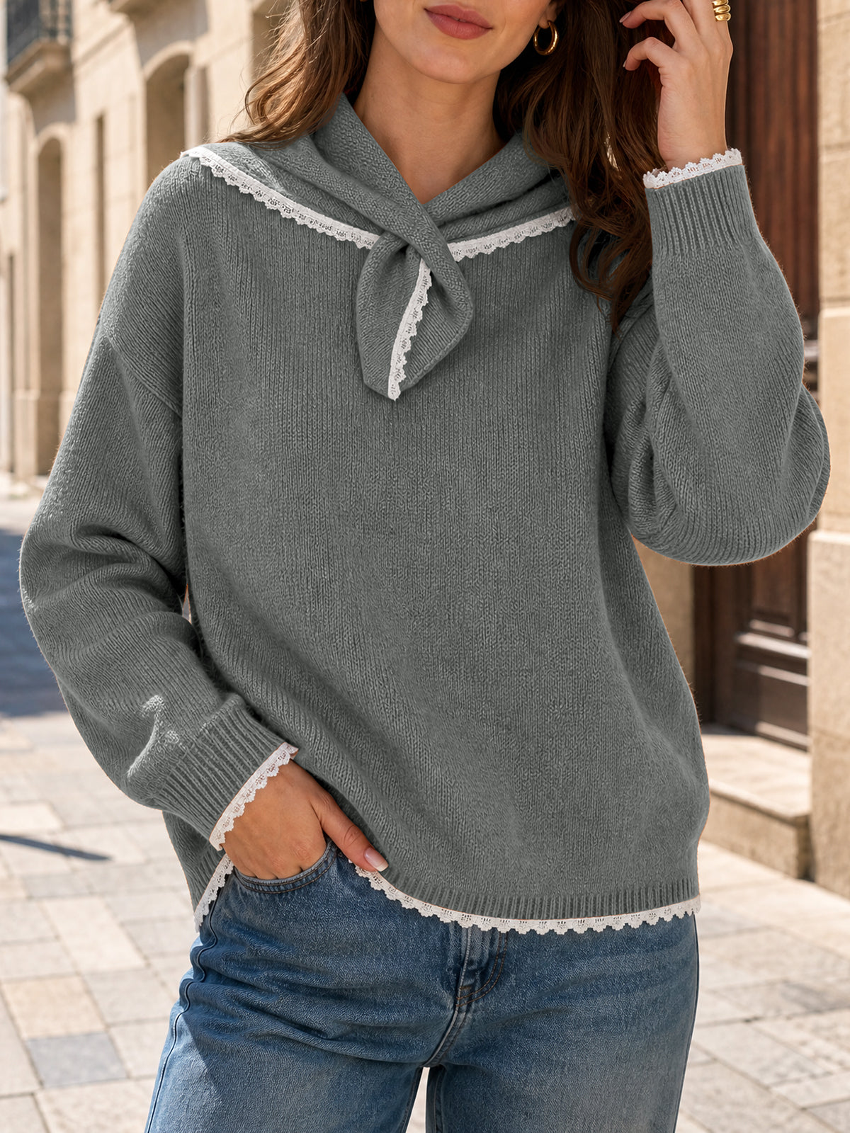 Saodimallsu Womens Scarf Collar Sweater Top