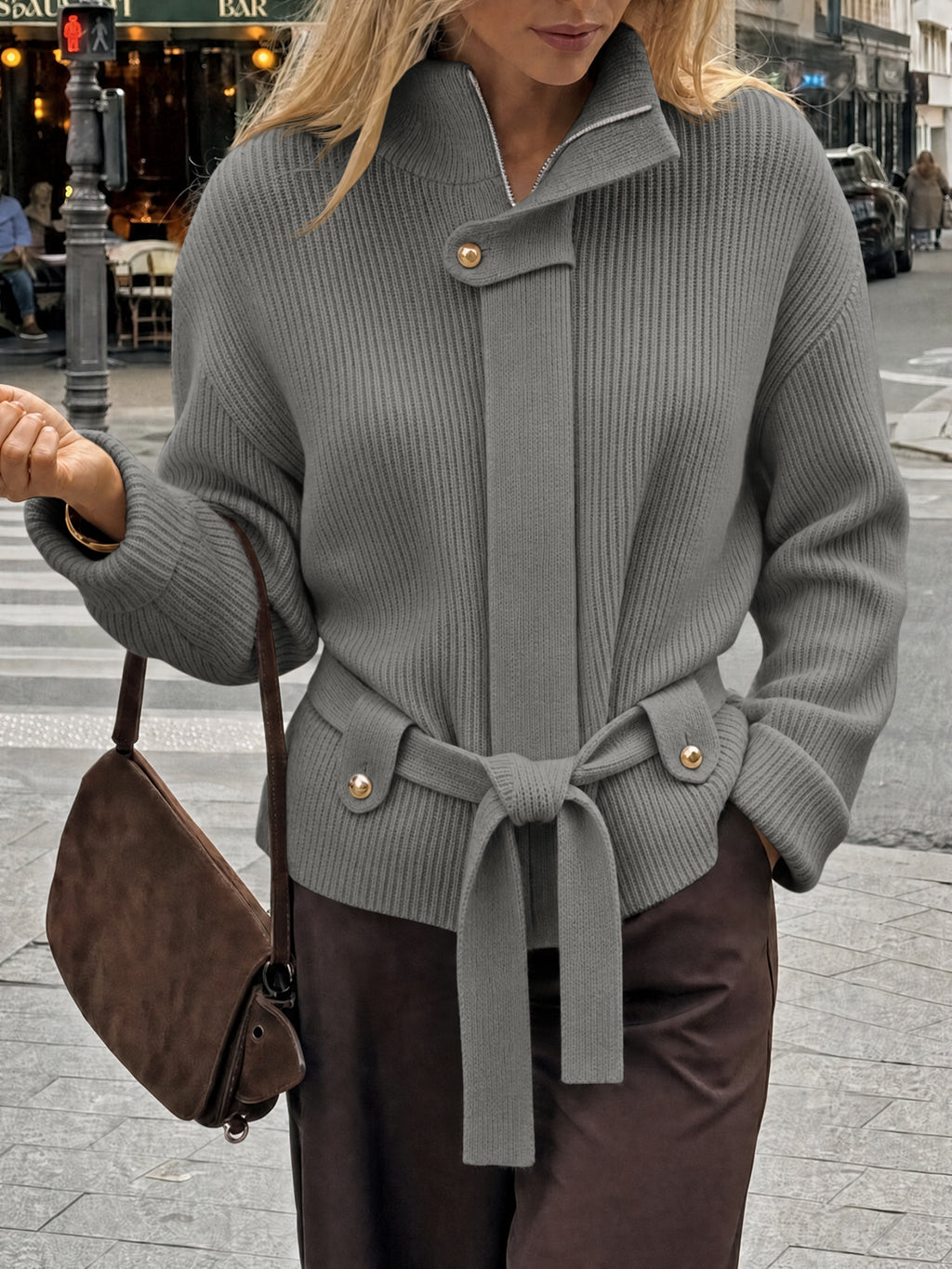Saodimallsu Womens Zip Up Stand Collar Sweater