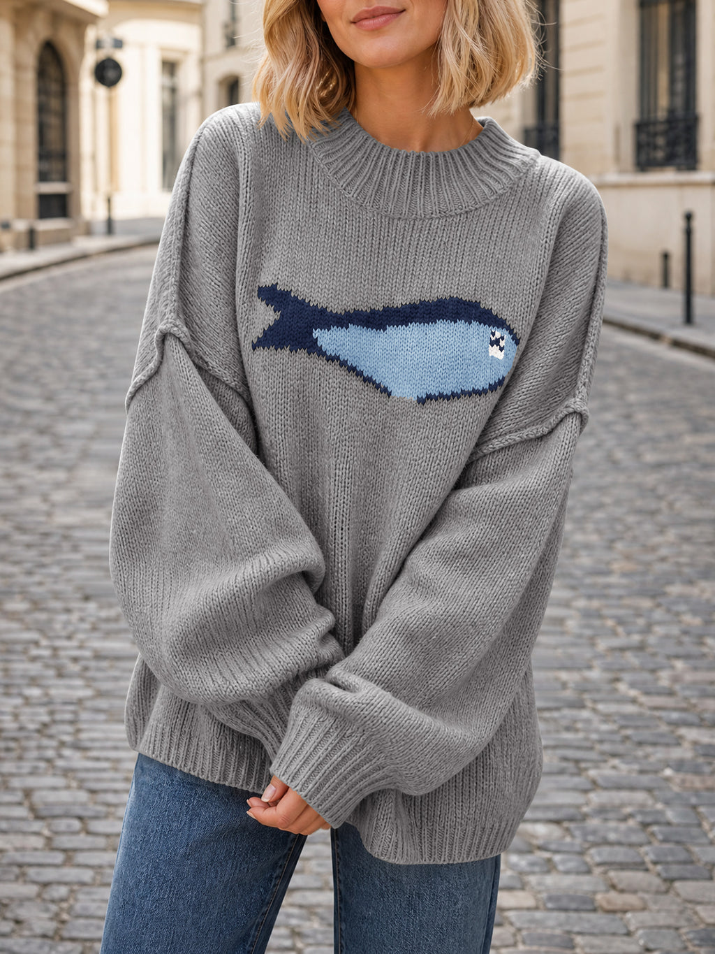 Saodimallsu Womens Fish Graphic Oversized Sweater