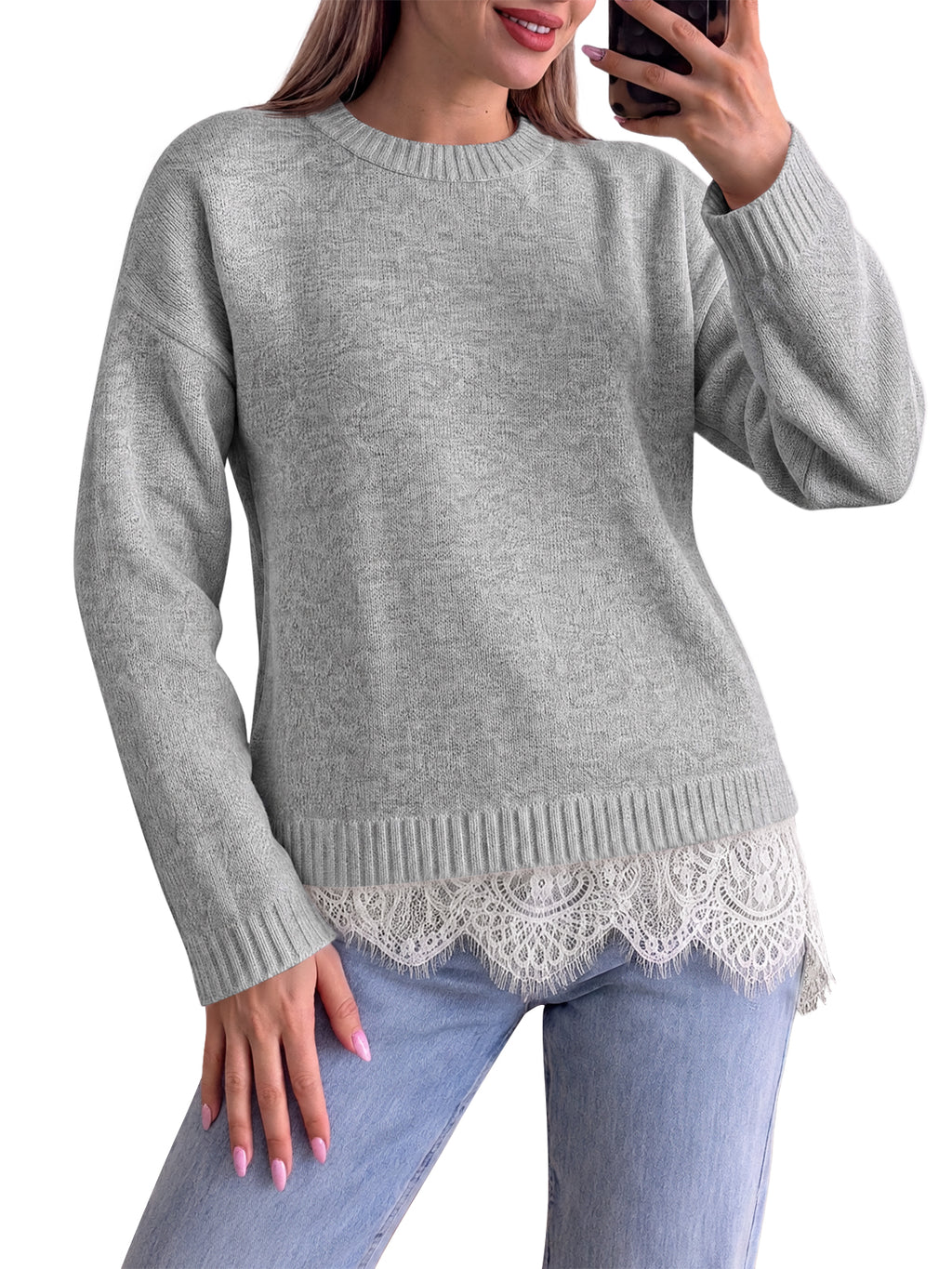 Saodimallsu Womens Lace Patchwork Knit Sweater