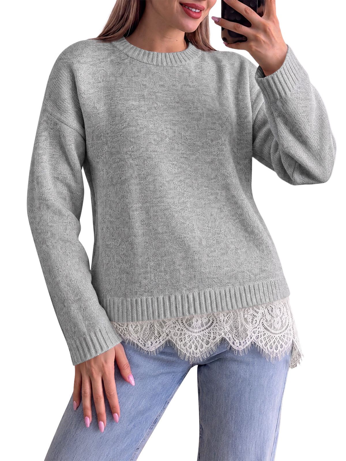 Saodimallsu Womens Lace Patchwork Knit Sweater