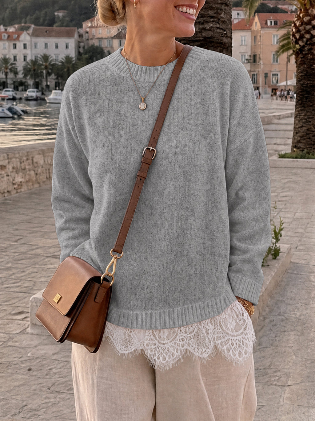 Saodimallsu Womens Lace Patchwork Knit Sweater