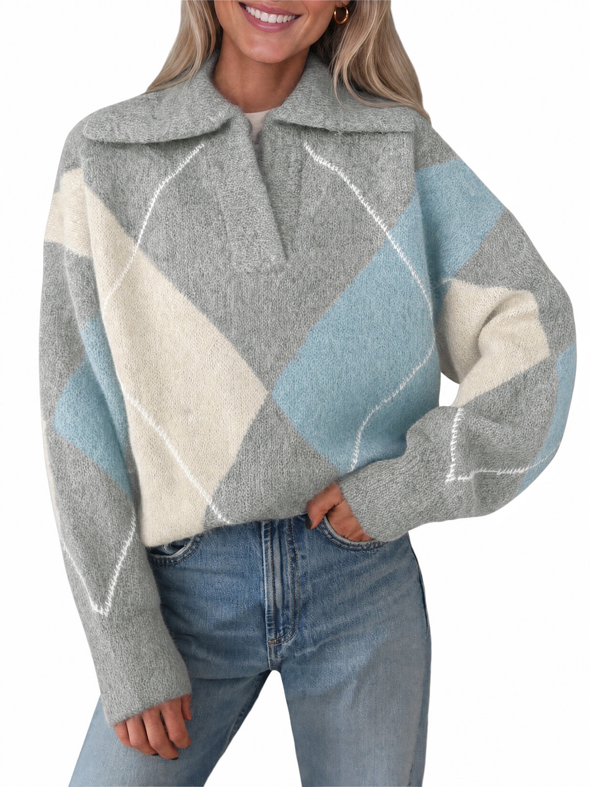 Saodimallsu Womens Collared V Neck Argyle Sweater