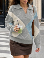 Saodimallsu Womens Collared V Neck Argyle Sweater