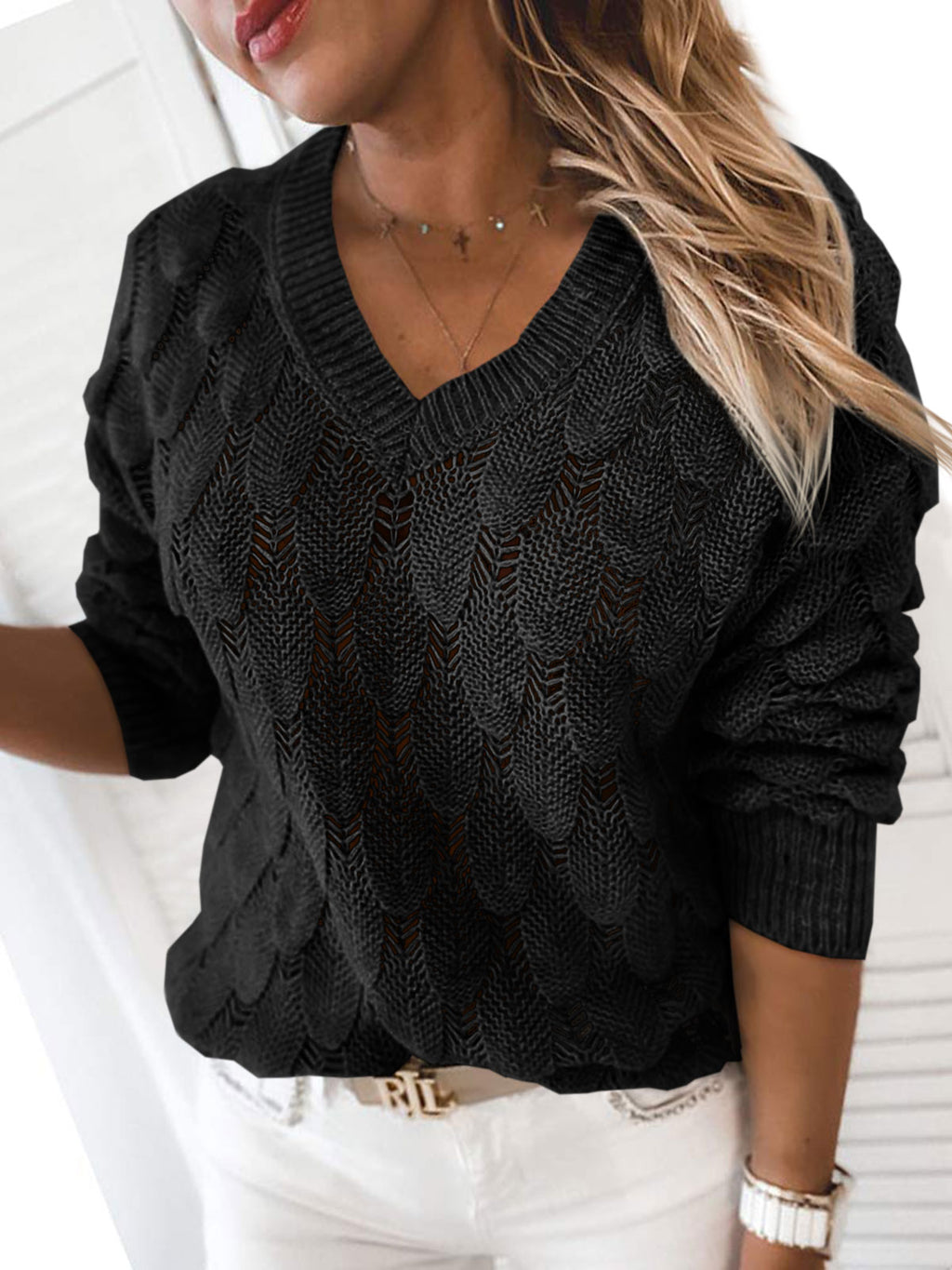 Saodimallsu Womens Crochet V Neck Blouses Sweater