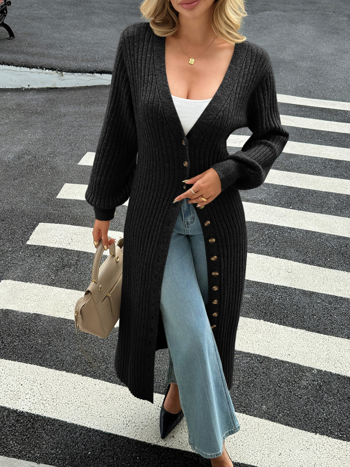 Saodimallsu Black Womens V Neck Cardigan