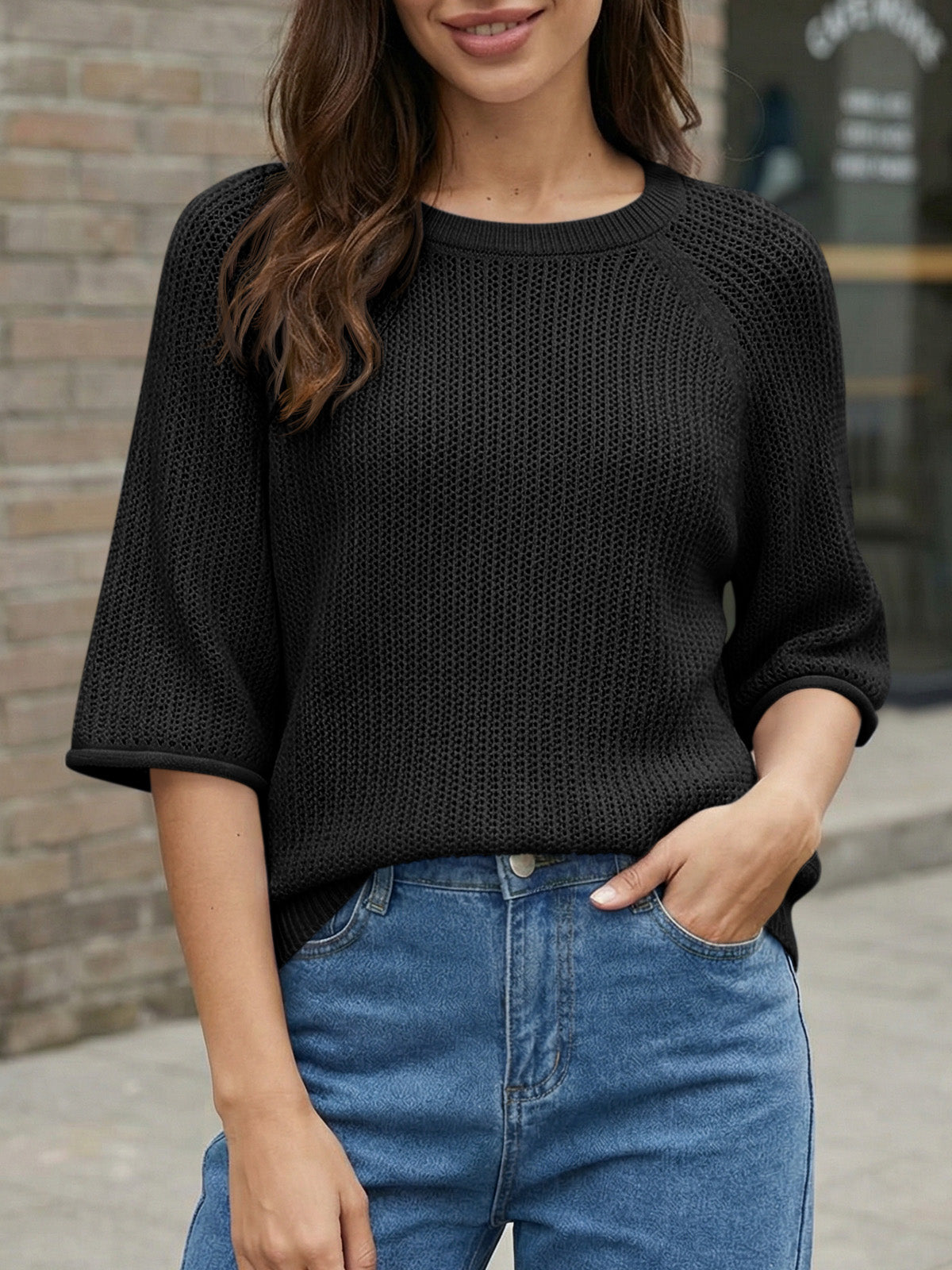 Saodimallsu Womens Crochet Short Sleeve Knit Sweater