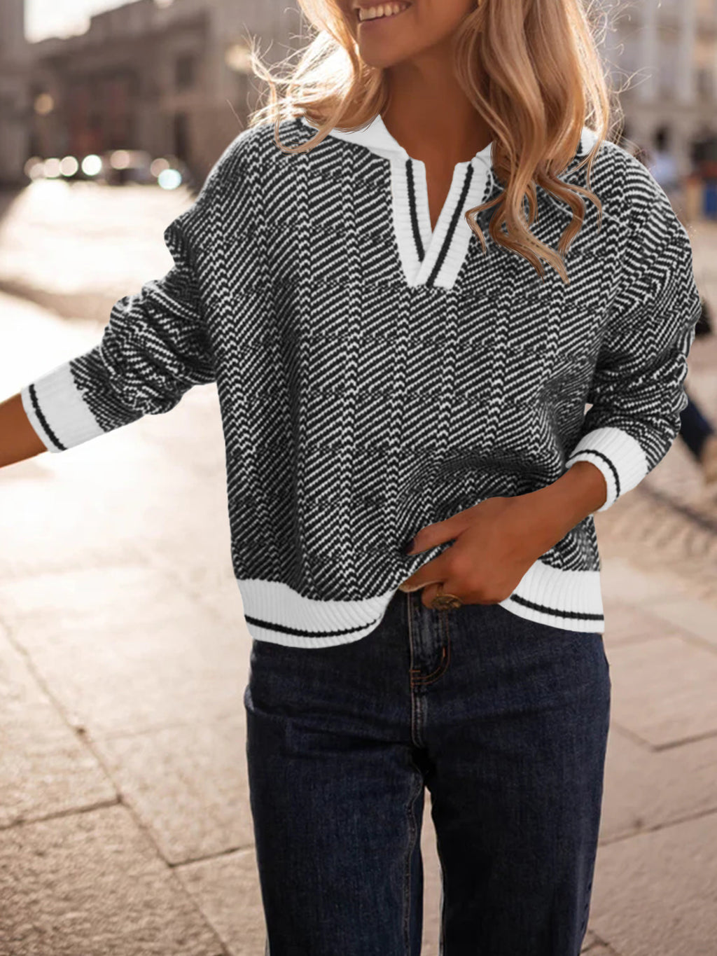 Saodimallsu Womens Fall Lapel V Neck Knit Sweaters