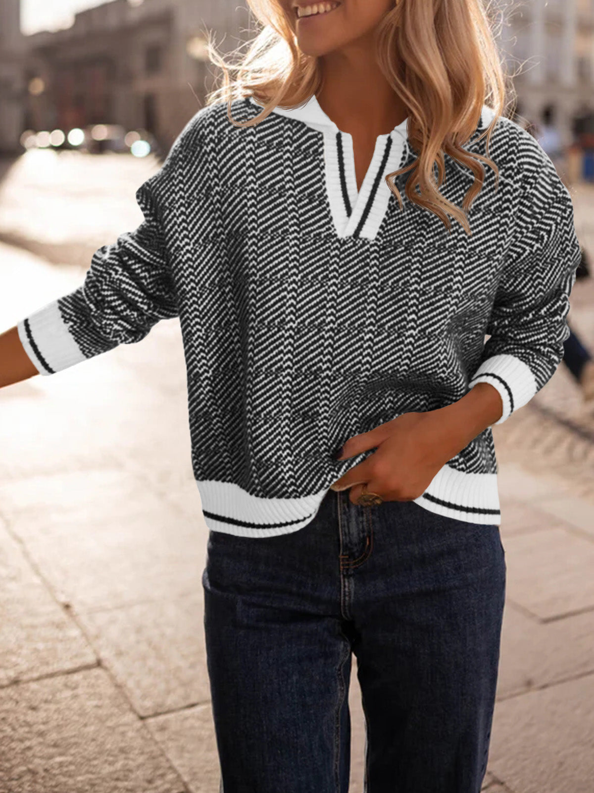 Saodimallsu Womens Fall Lapel V Neck Knit Sweaters