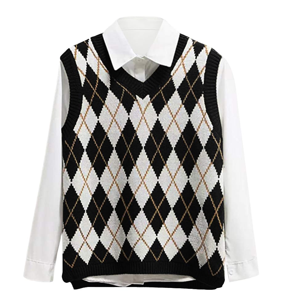Saodimallsu Womens V Neck Argyle Knit Tops