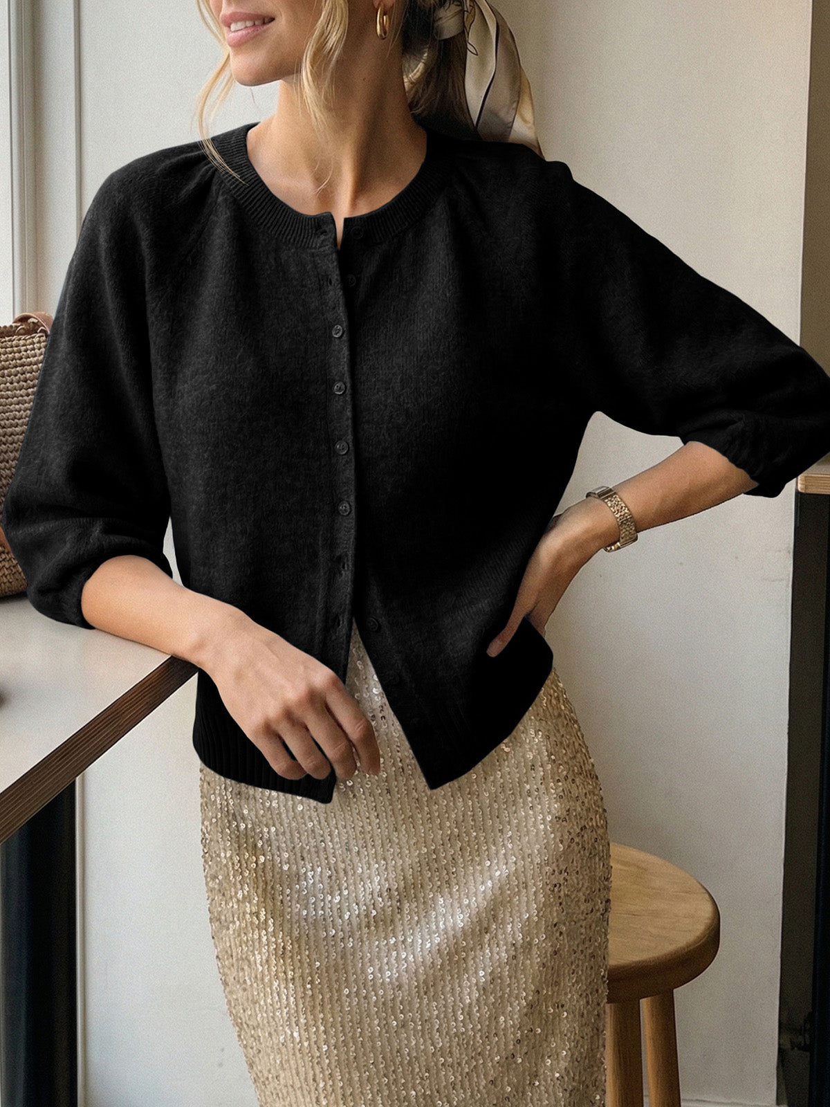 Saodimallsu Womens Puff Sleeve Knit Cardigan