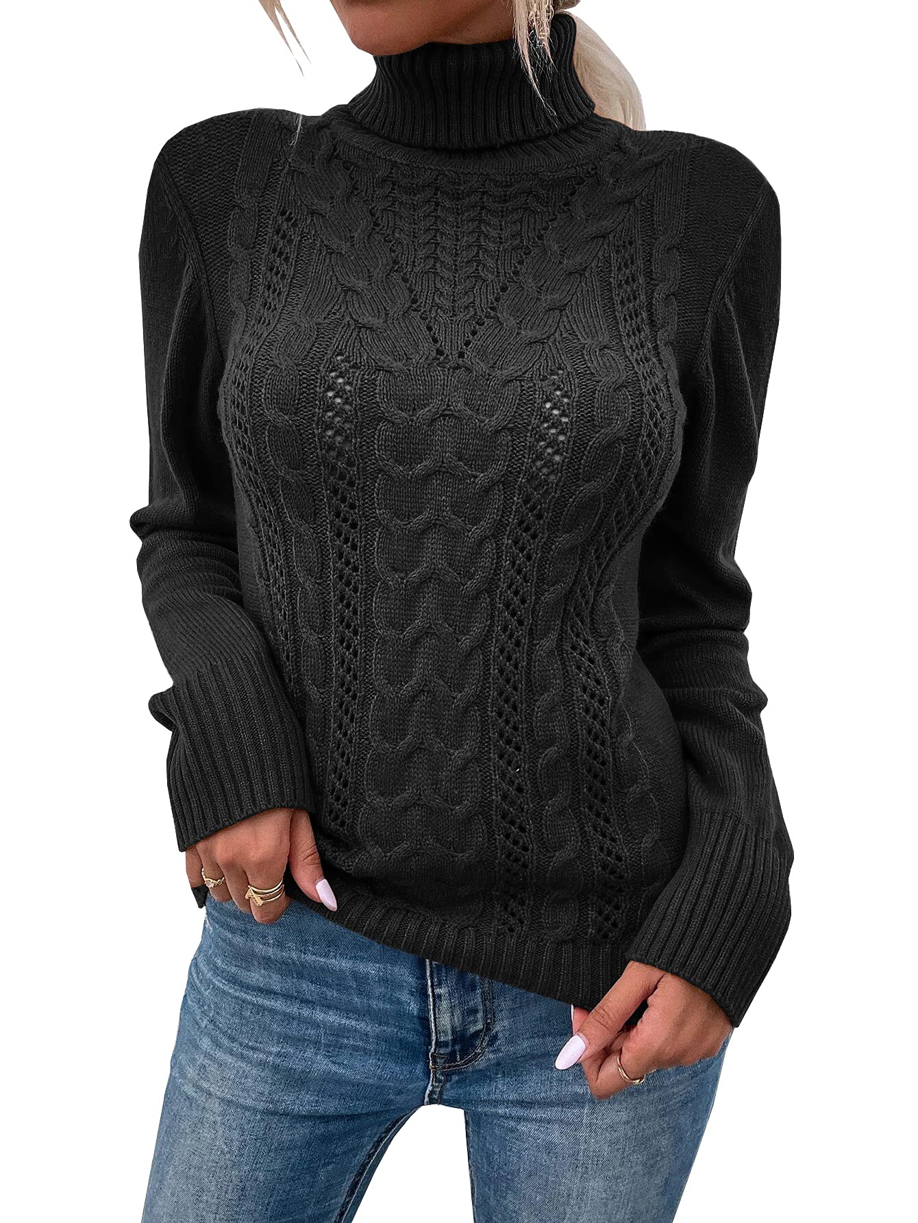 Saodimallsu Women Turtleneck Cable Knit Sweater